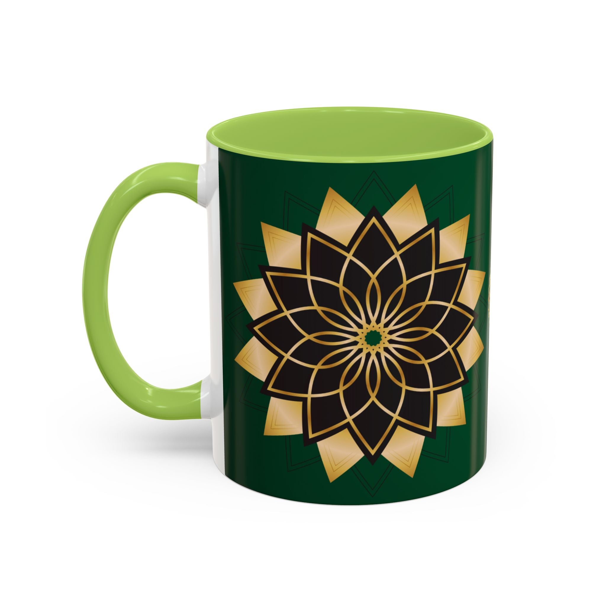 Gold Mandala Accent Coffee Mug — Elegant Green & Black Ceramic 11/15oz