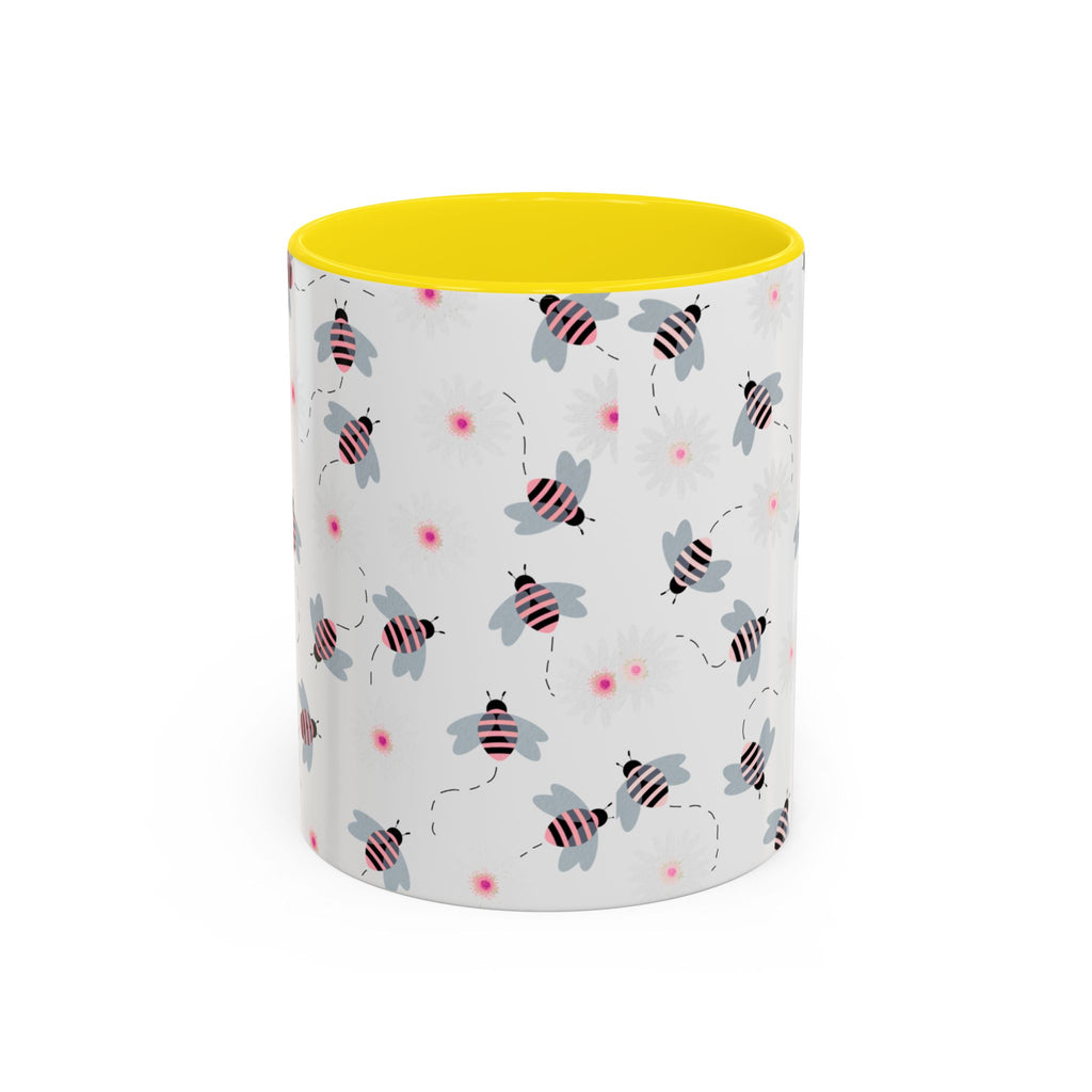 Bee Pattern Accent Coffee Mug — Cute Floral Honeybee Design, 11/15 oz