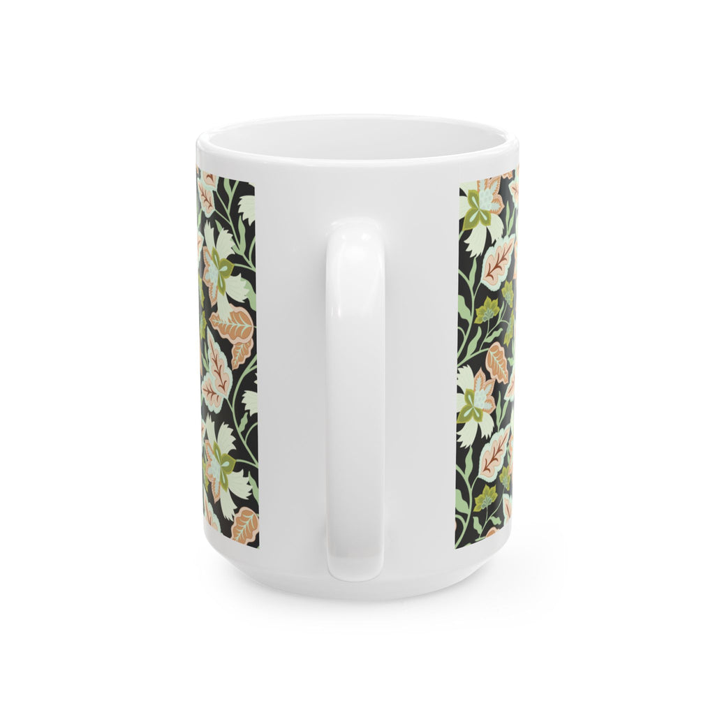 Floral Vine Ceramic Mug — Black Background Vintage Botanical Coffee Cup (11oz, 15oz)