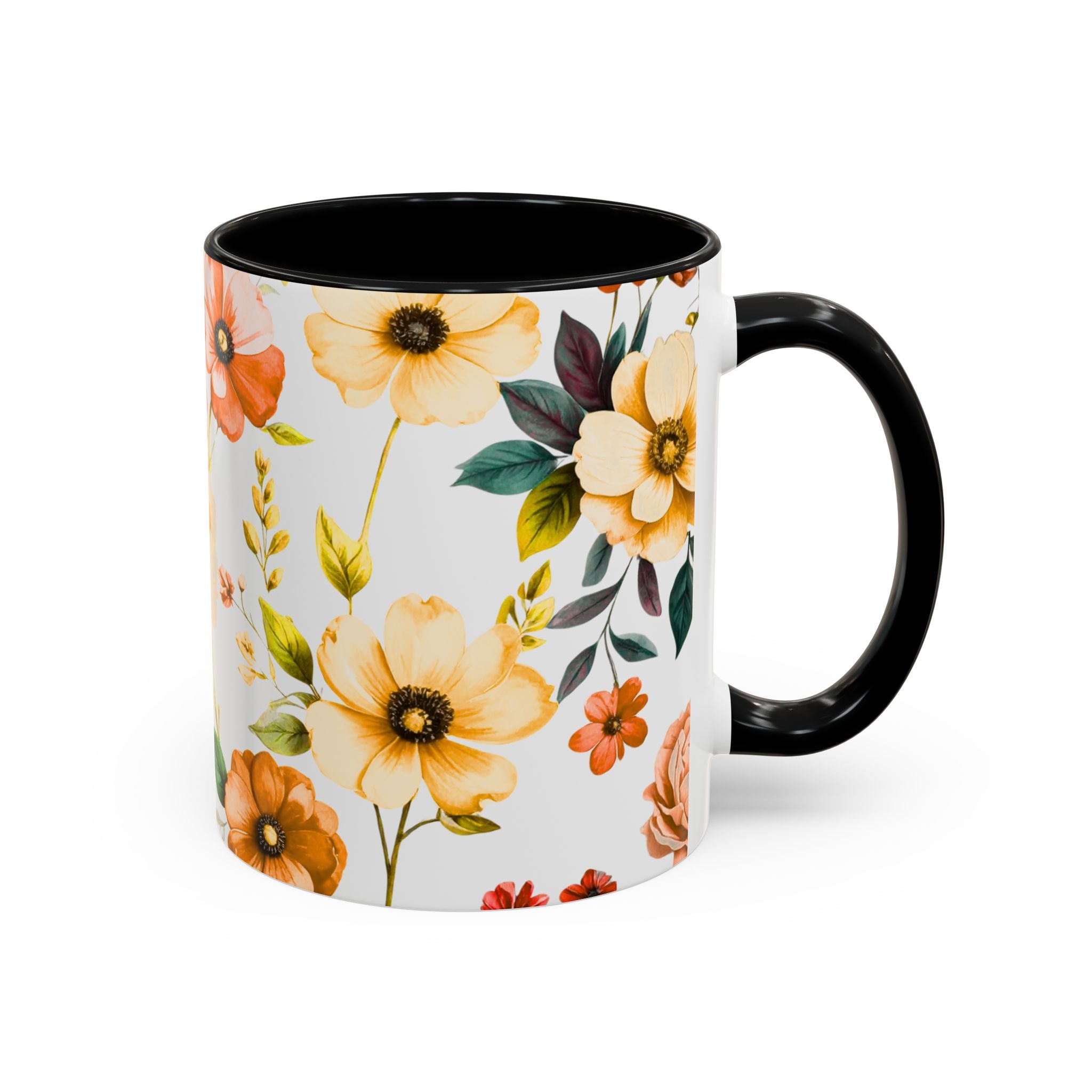 Floral Accent Coffee Mug — Vintage Watercolor Orange & Peach Flower Design
