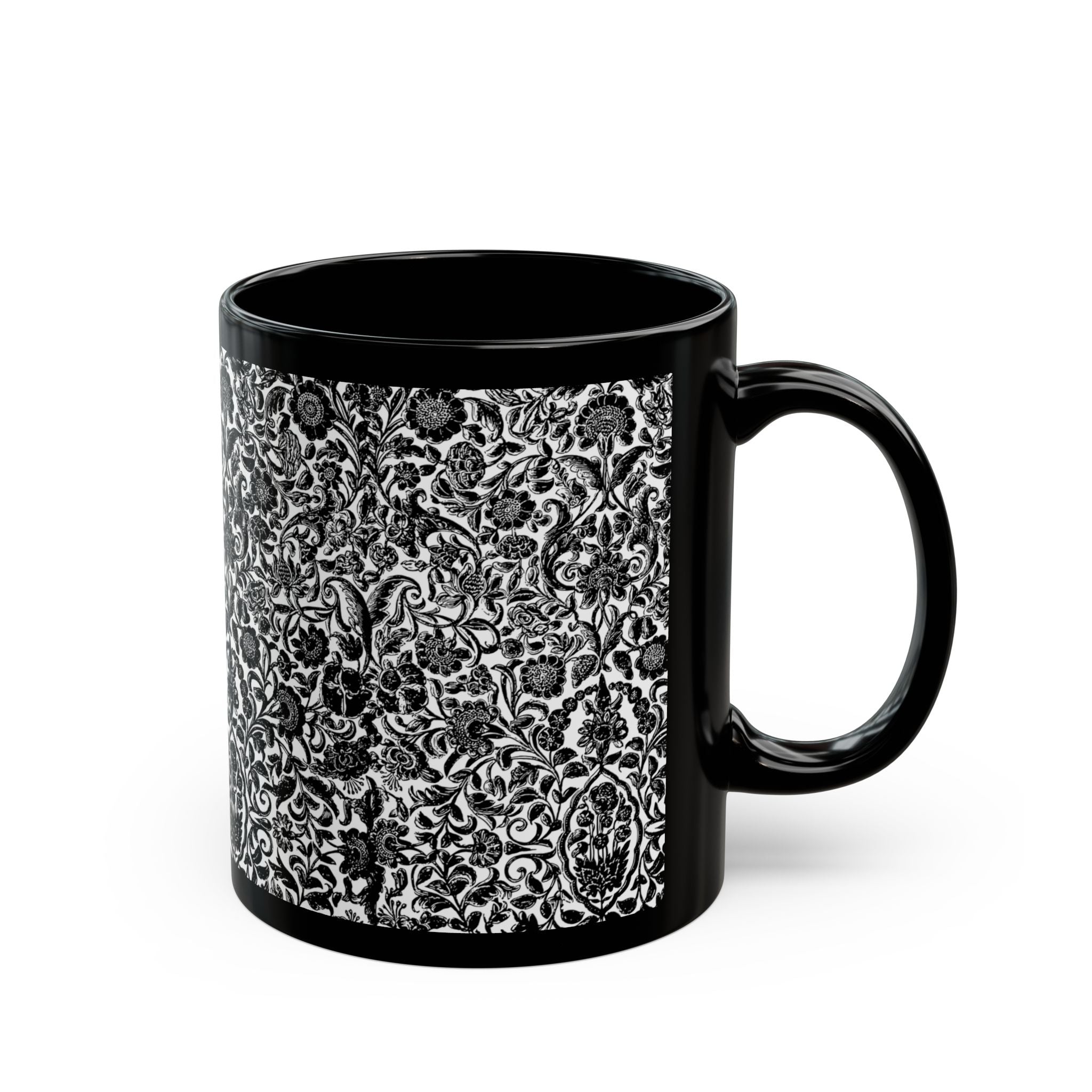 Black Ceramic Mug — Intricate Vintage Floral Pattern (11oz & 15oz)