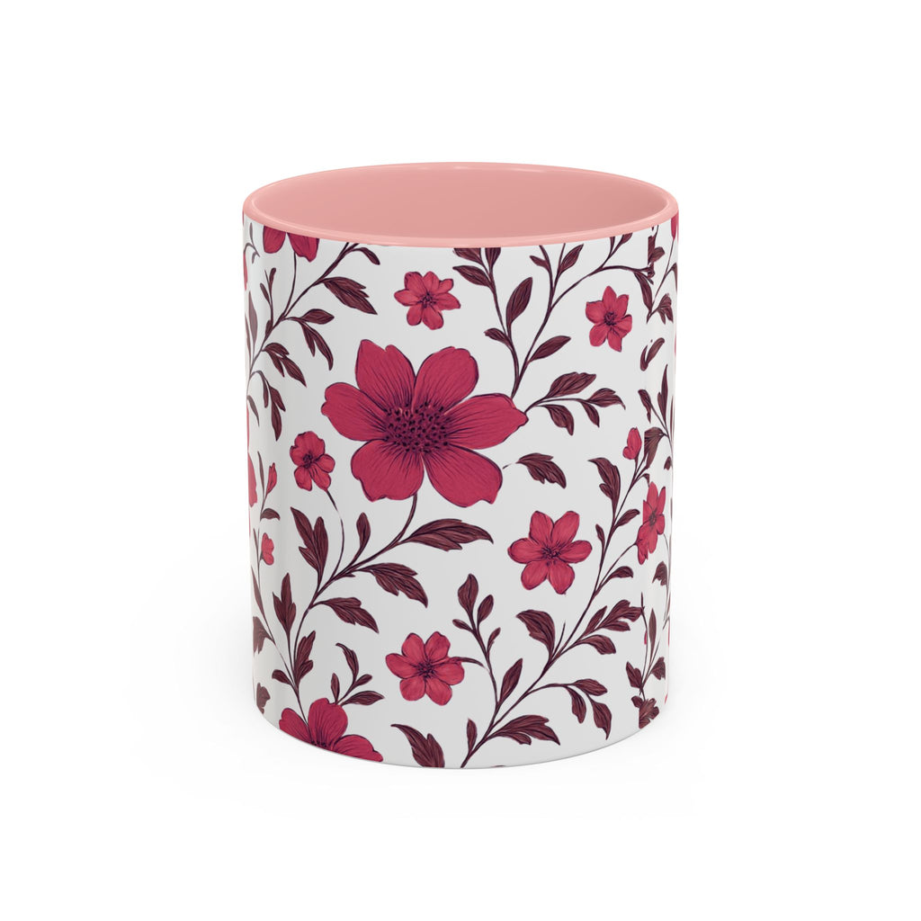 Floral Burgundy Accent Coffee Mug — Pink Blossom Pattern, 11/15oz