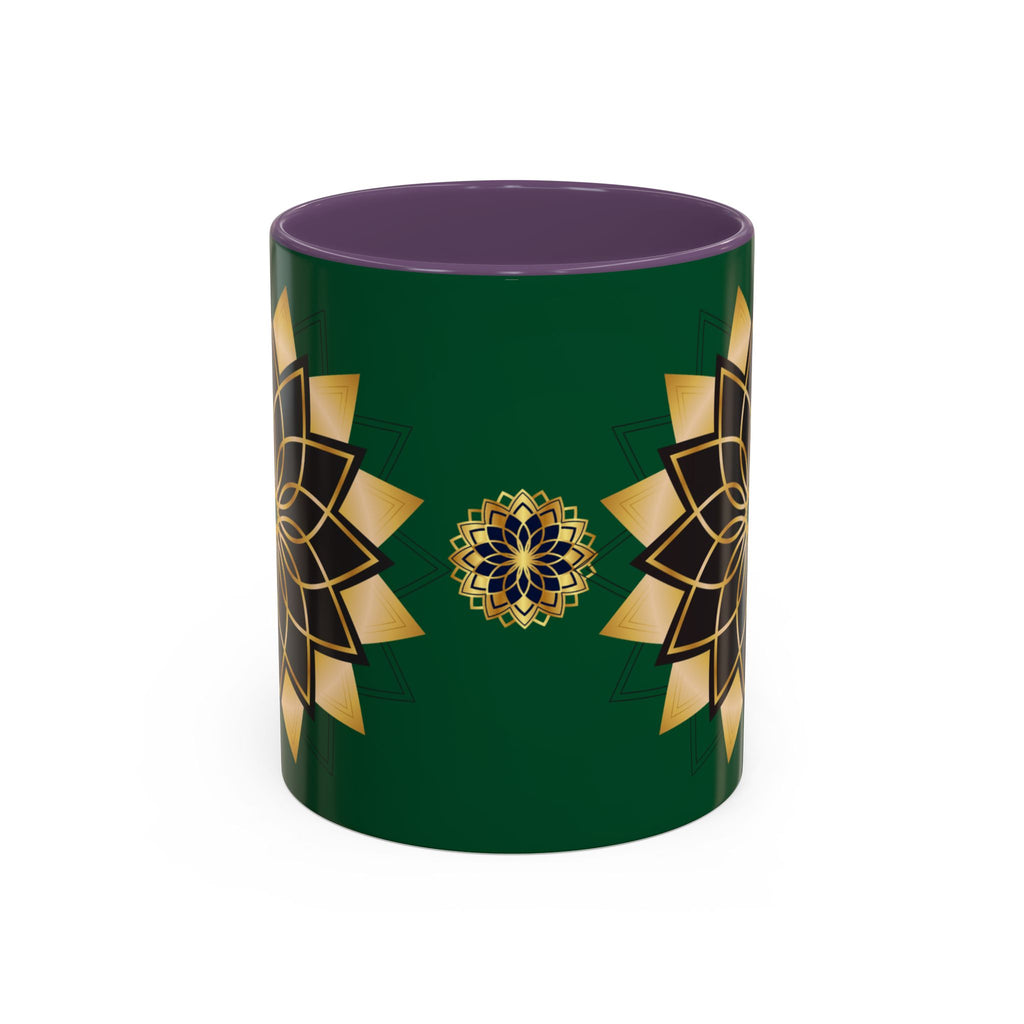 Gold Mandala Accent Coffee Mug — Elegant Green & Black Ceramic 11/15oz