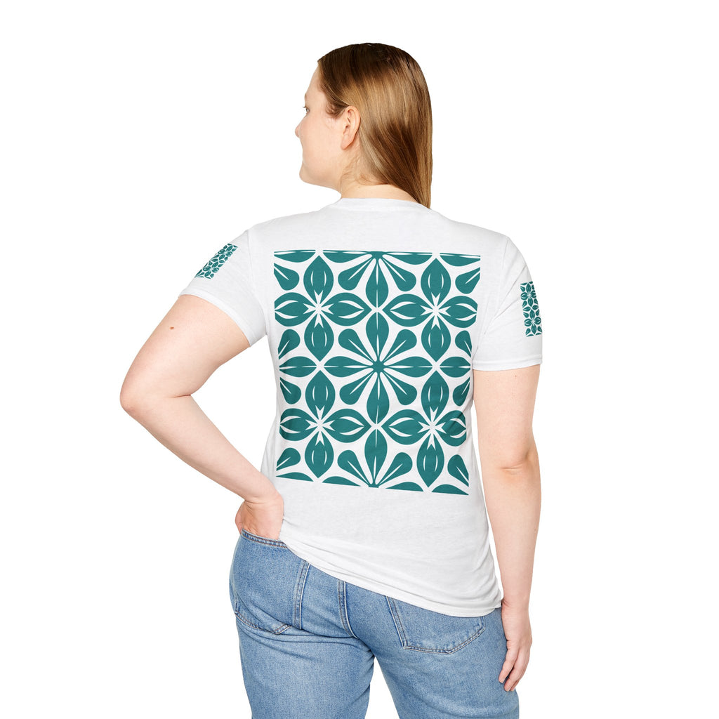 Teal Tile Pattern T‑Shirt — Retro Geometric Floral Graphic Tee