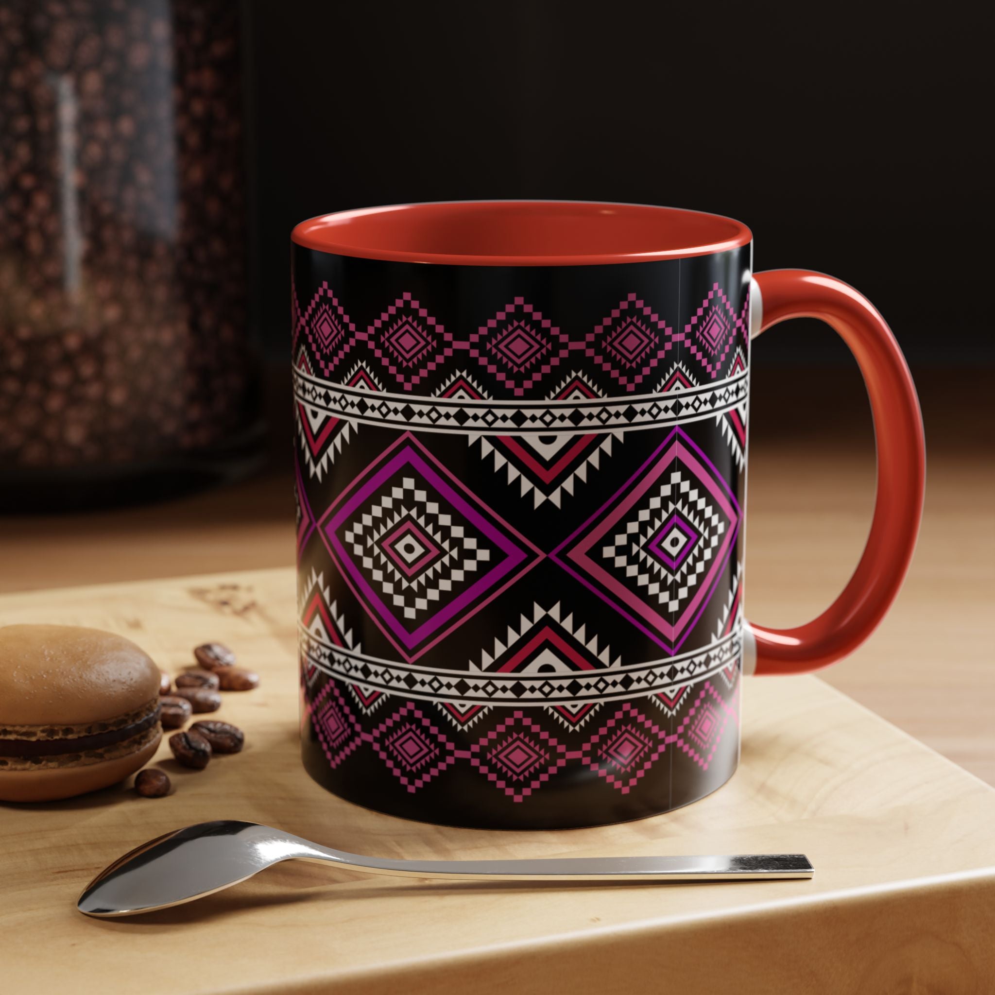 Geometric Aztec Accent Coffee Mug — Pink & Black Tribal Pattern (11/15oz)