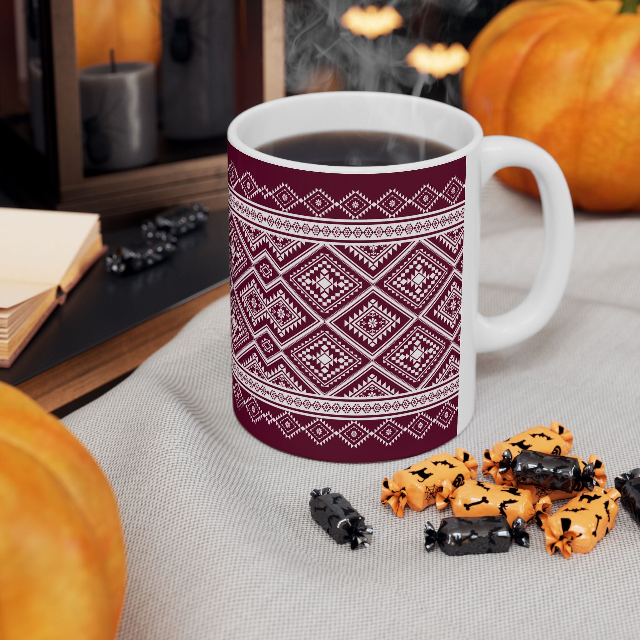 Maroon Nordic Pattern Ceramic Mug — Cozy Scandinavian Knit Design (11oz & 15oz)
