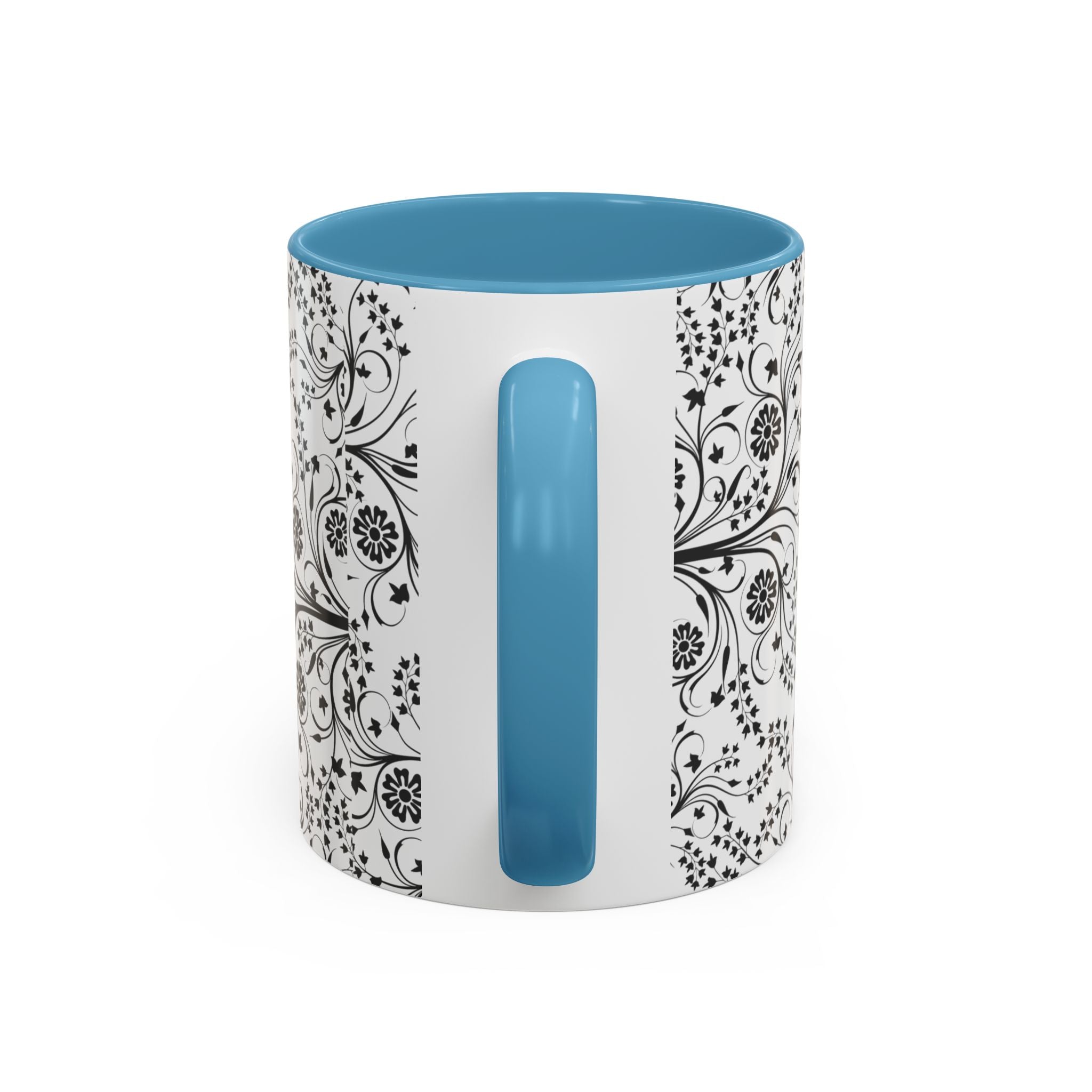 Black Floral Accent Coffee Mug — Elegant Swirl Pattern (11/15oz)