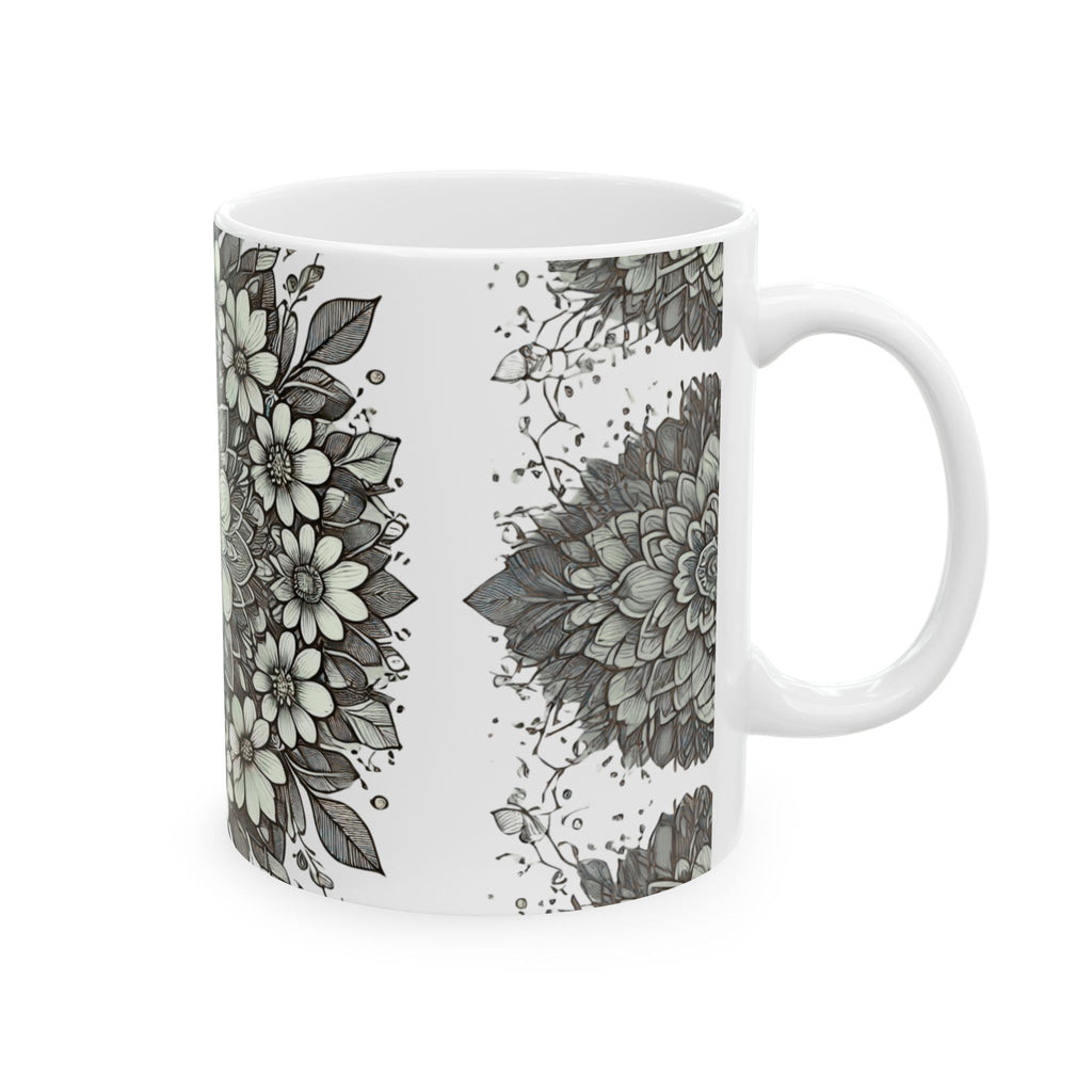 Floral Mandala Ceramic Mug — Green Succulent Pattern (11oz & 15oz)