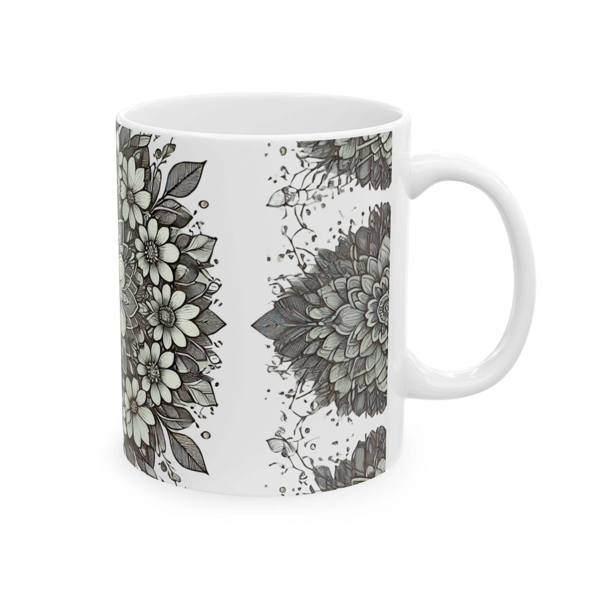 Floral Mandala Ceramic Mug — Green Succulent Pattern (11oz & 15oz)