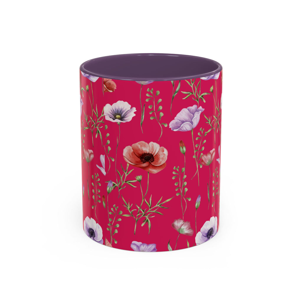 Floral Poppy Accent Coffee Mug — Red Botanical Pattern (11/15 oz)