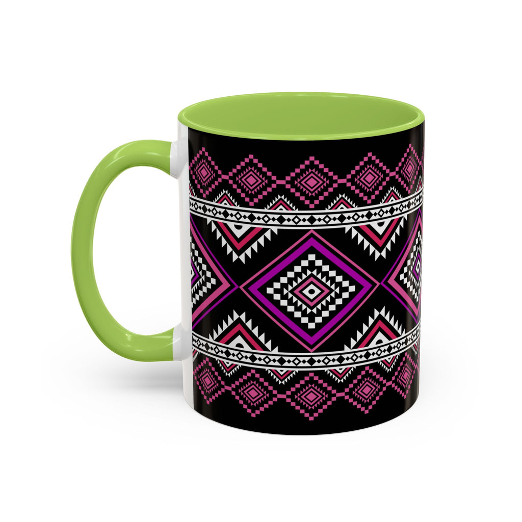 Geometric Aztec Accent Coffee Mug — Pink & Black Tribal Pattern (11/15oz)