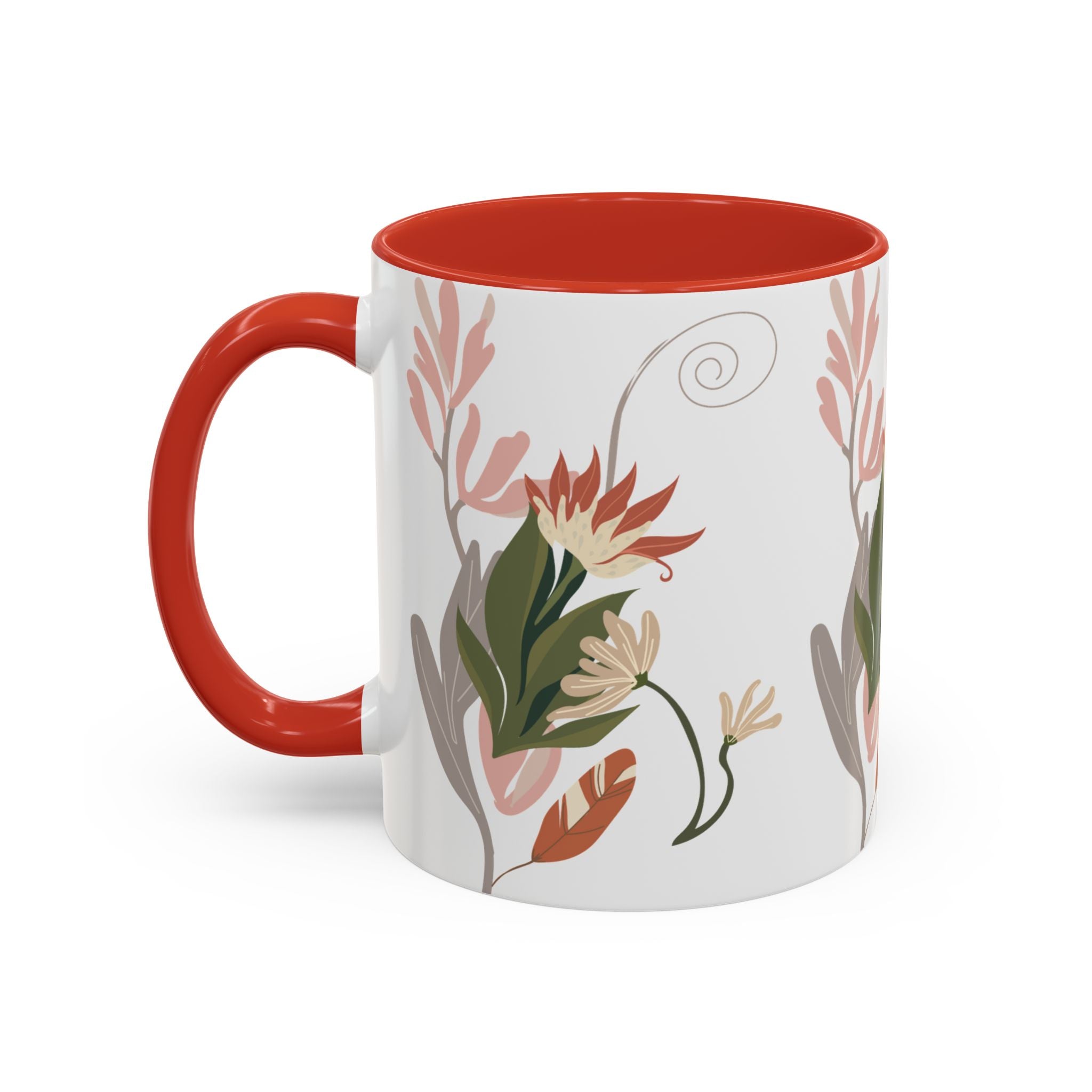 Floral Accent Coffee Mug – Botanical Pink & Green Pattern (11/15oz)