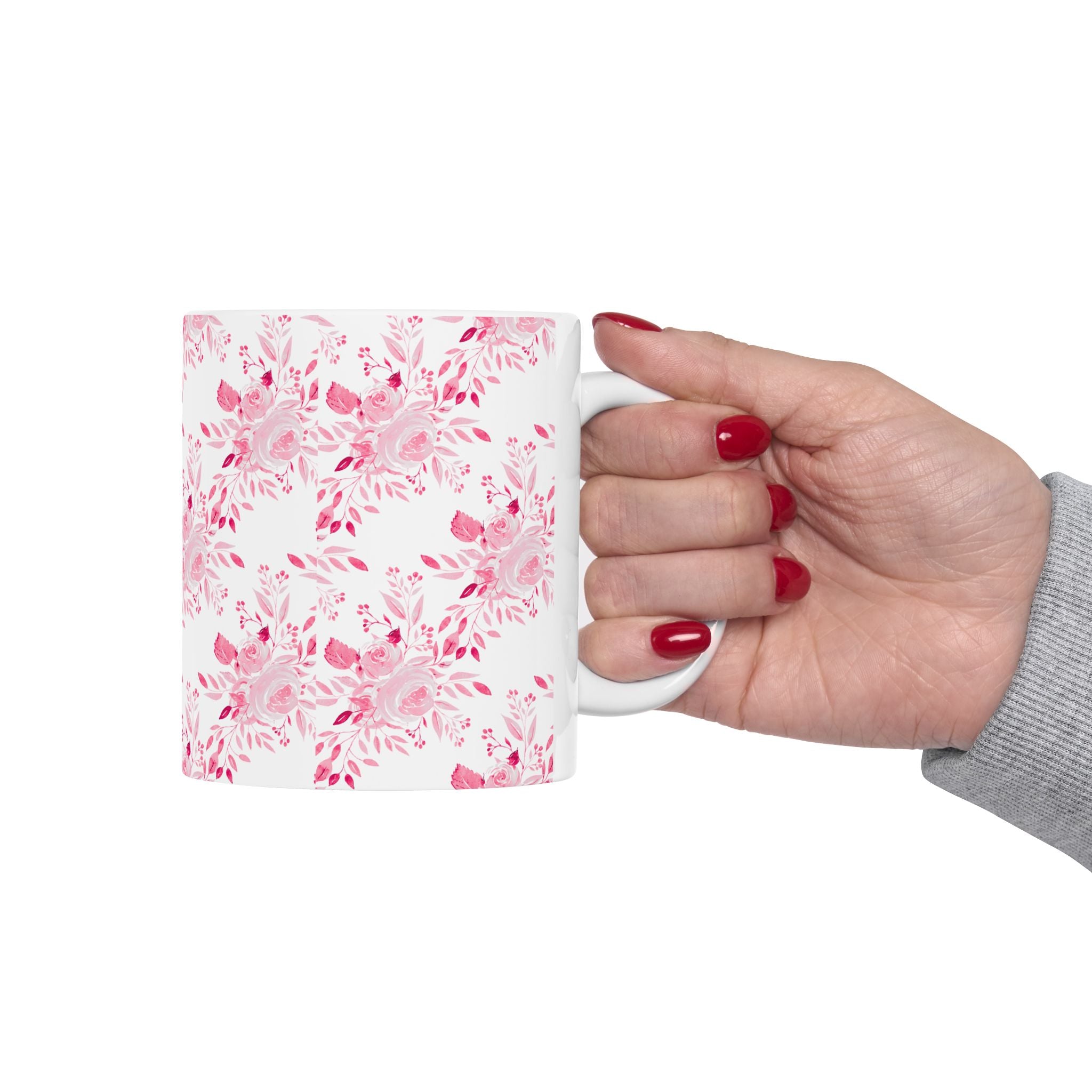 Pink Watercolor Floral Mug — Feminine Rose Pattern Ceramic Coffee Cup (11oz, 15oz)