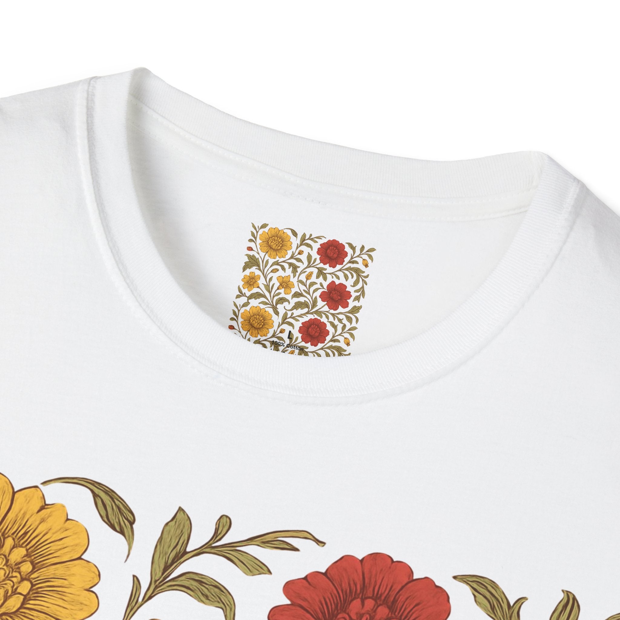 Floral Vintage Garden T-Shirt — Red & Mustard Blooms