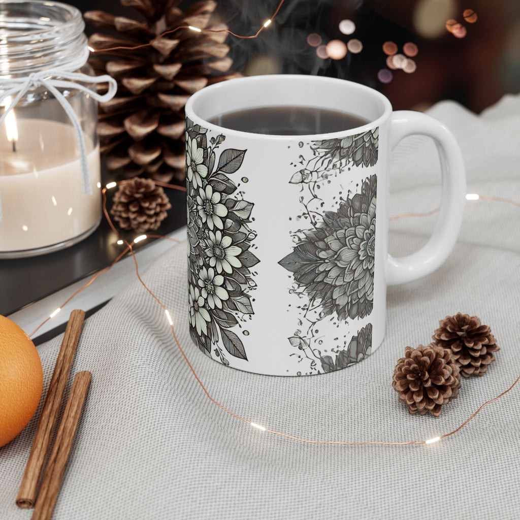 Floral Mandala Ceramic Mug — Green Succulent Pattern (11oz & 15oz)