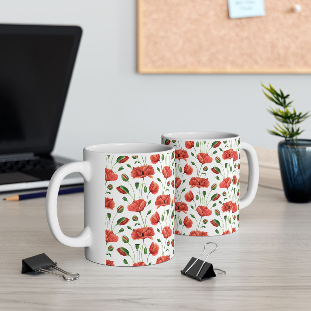 Poppy Pattern Ceramic Mug — Floral Red Poppy Coffee Cup (11oz, 15oz)