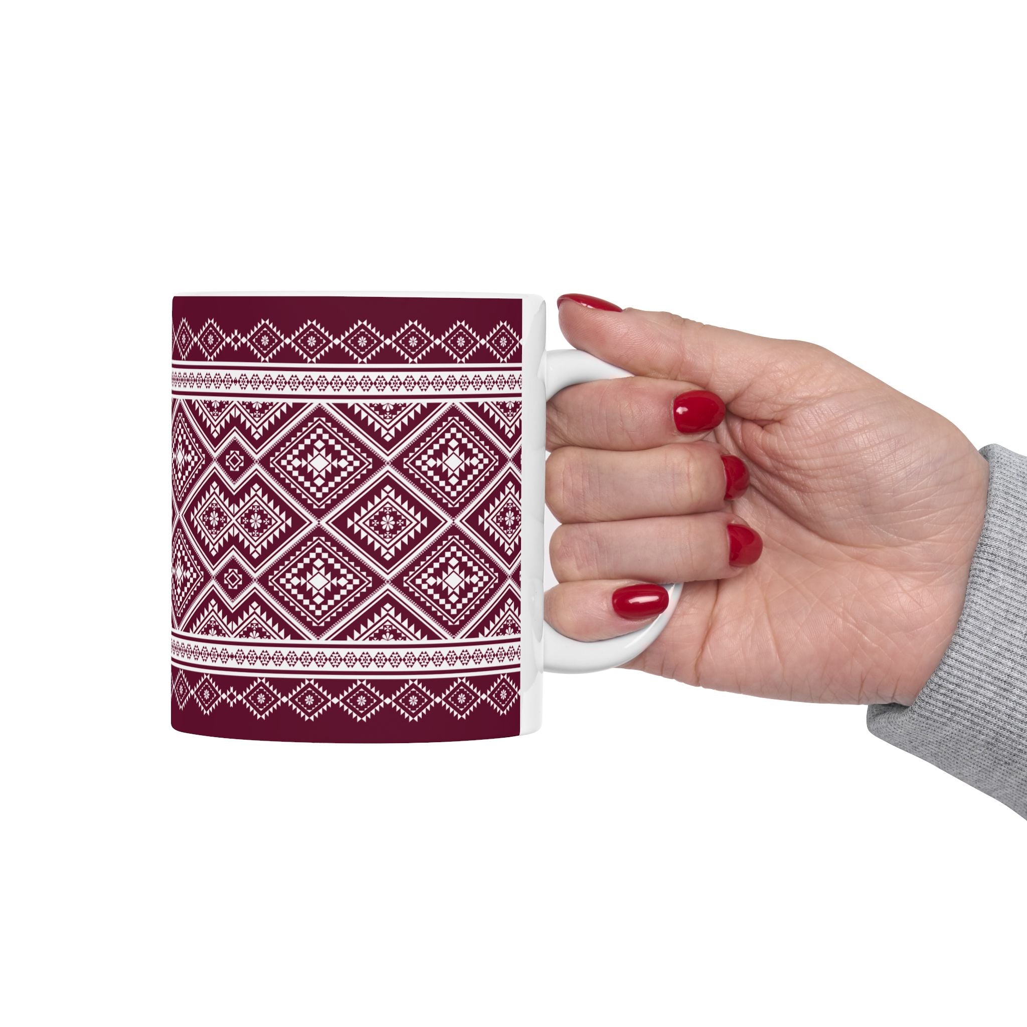 Maroon Nordic Pattern Ceramic Mug — Cozy Scandinavian Knit Design (11oz & 15oz)
