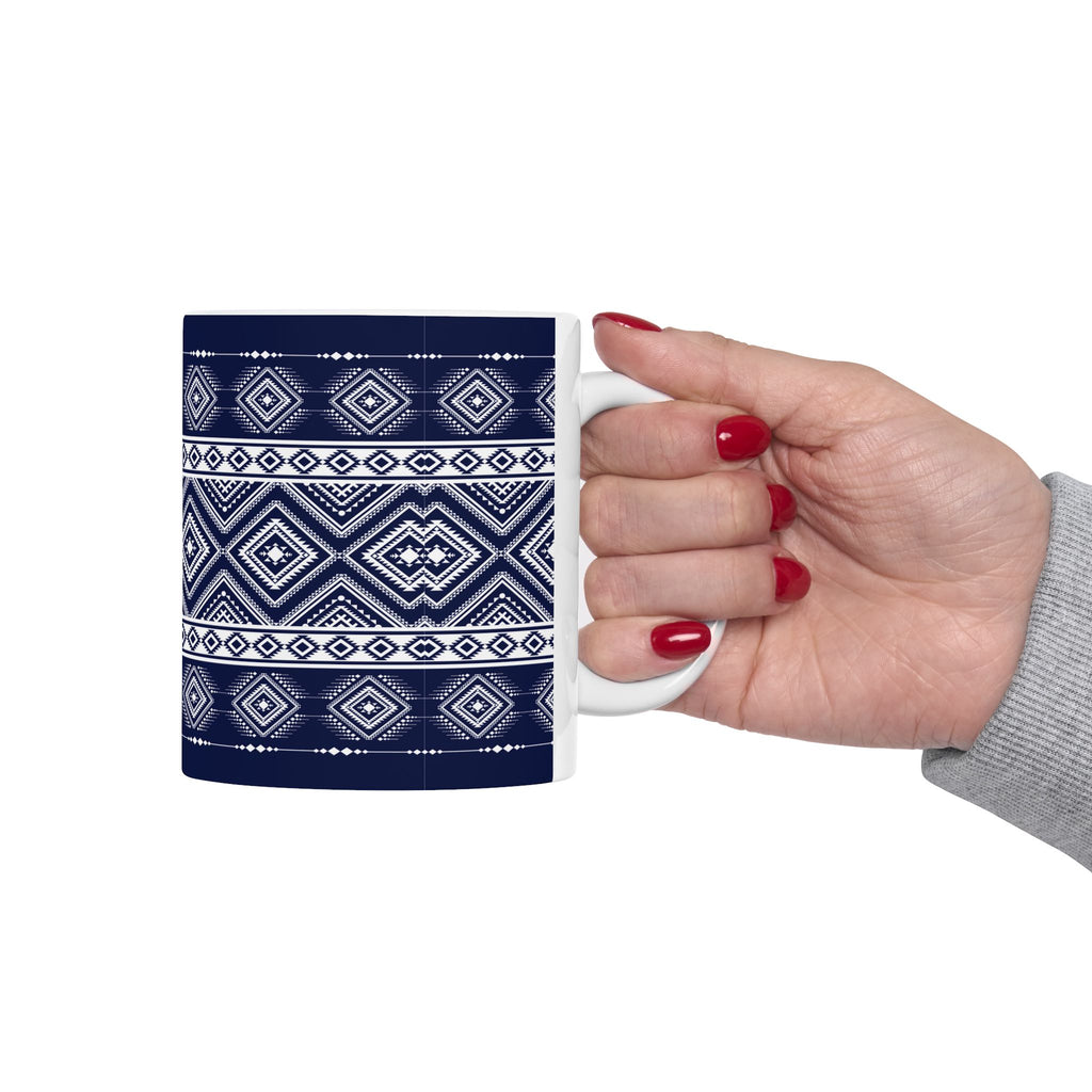 Navy Aztec Pattern Ceramic Mug — Geometric Tribal 11oz & 15oz