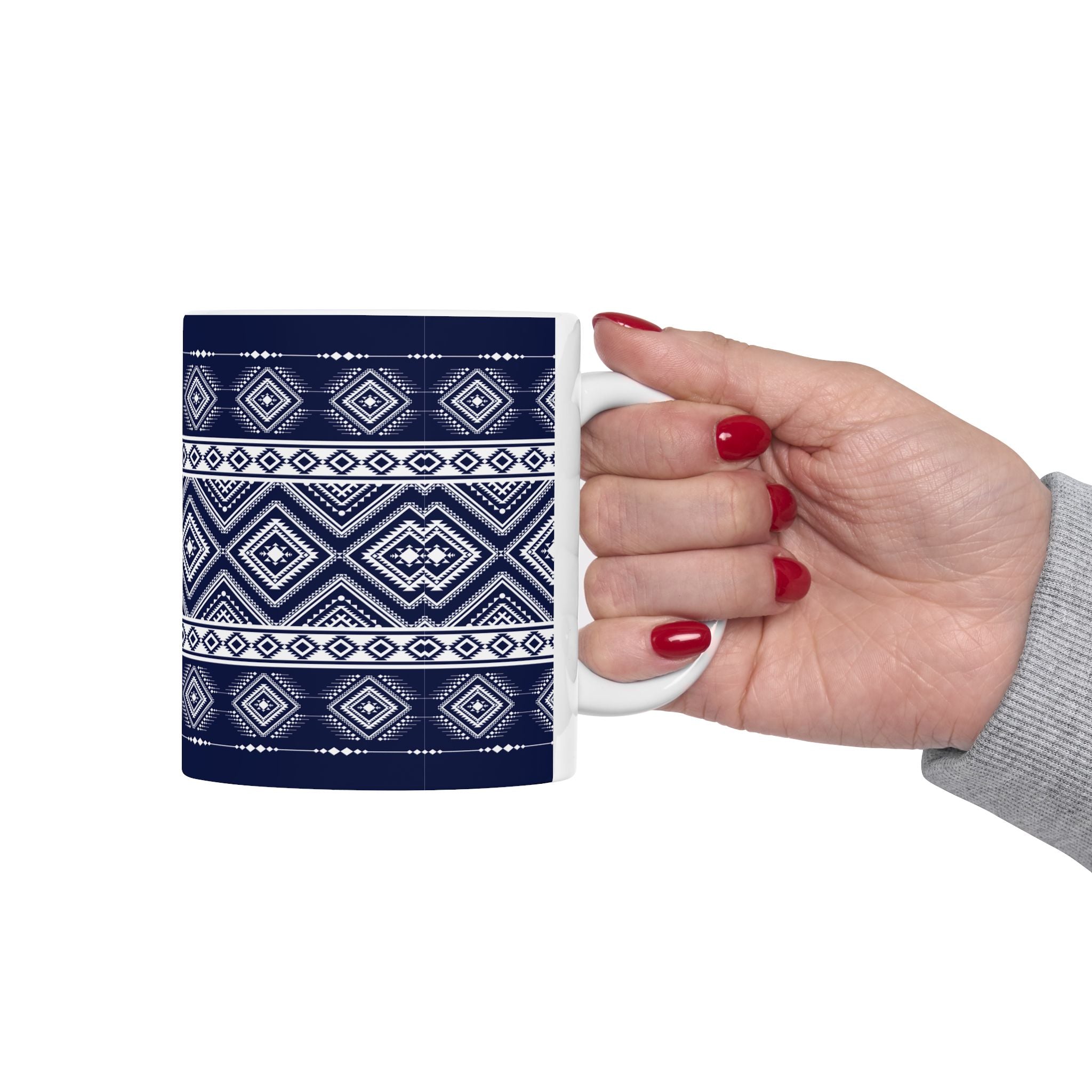 Navy Aztec Pattern Ceramic Mug — Geometric Tribal 11oz & 15oz