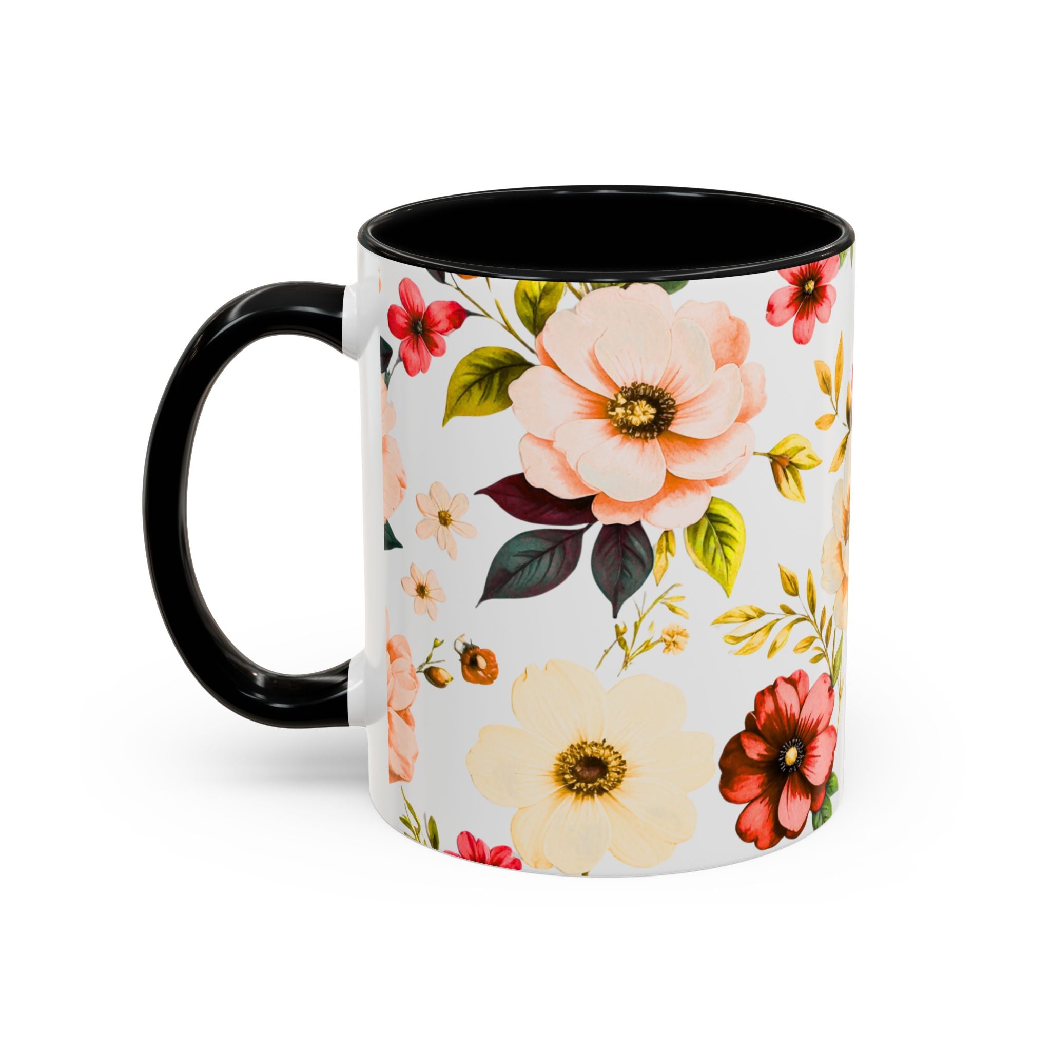 Floral Accent Coffee Mug — Vintage Watercolor Orange & Peach Flower Design
