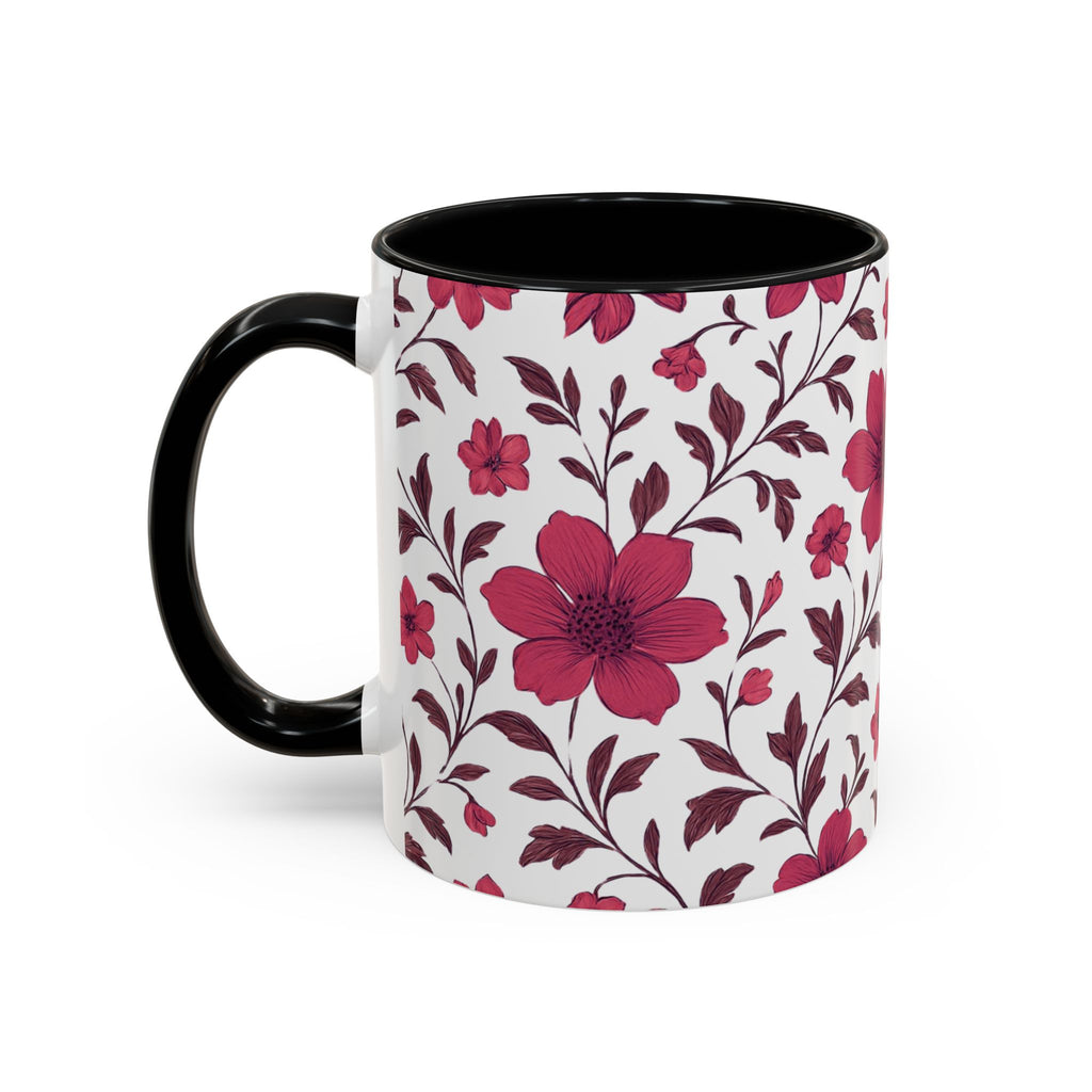Floral Burgundy Accent Coffee Mug — Pink Blossom Pattern, 11/15oz