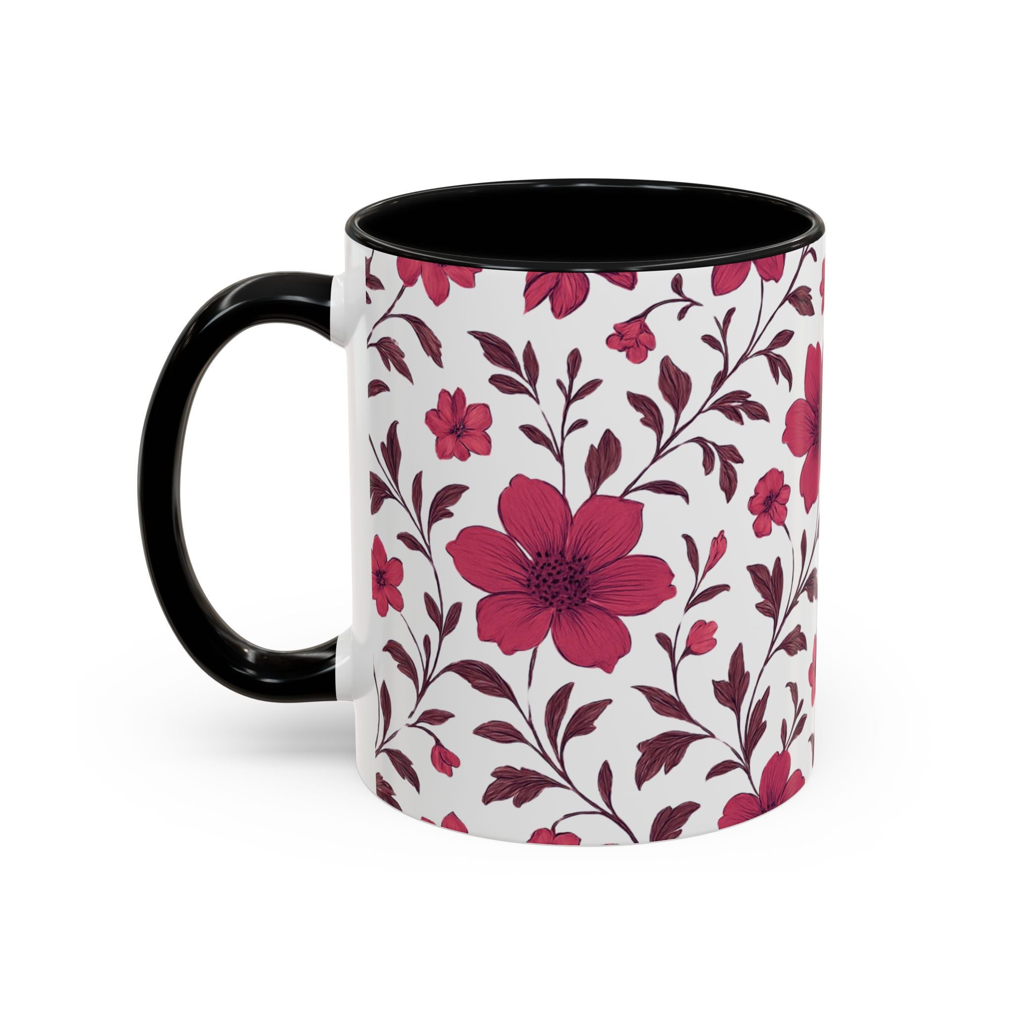 Floral Burgundy Accent Coffee Mug — Pink Blossom Pattern, 11/15oz