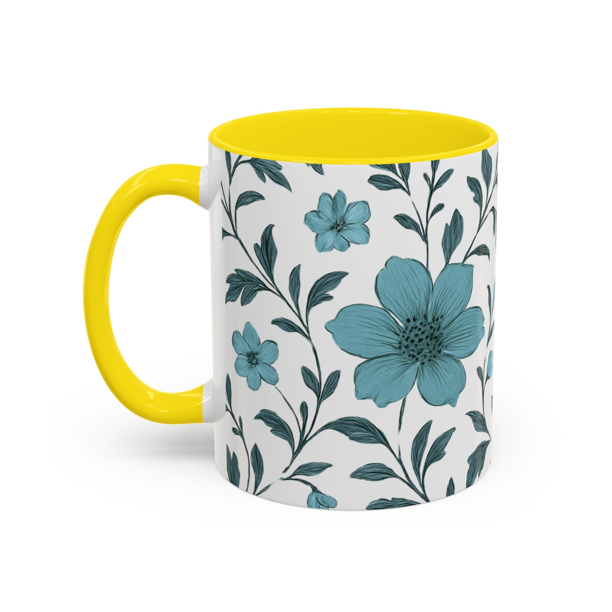 Teal Floral Accent Coffee Mug (11/15oz) – Ceramic Tea & Coffee Cup