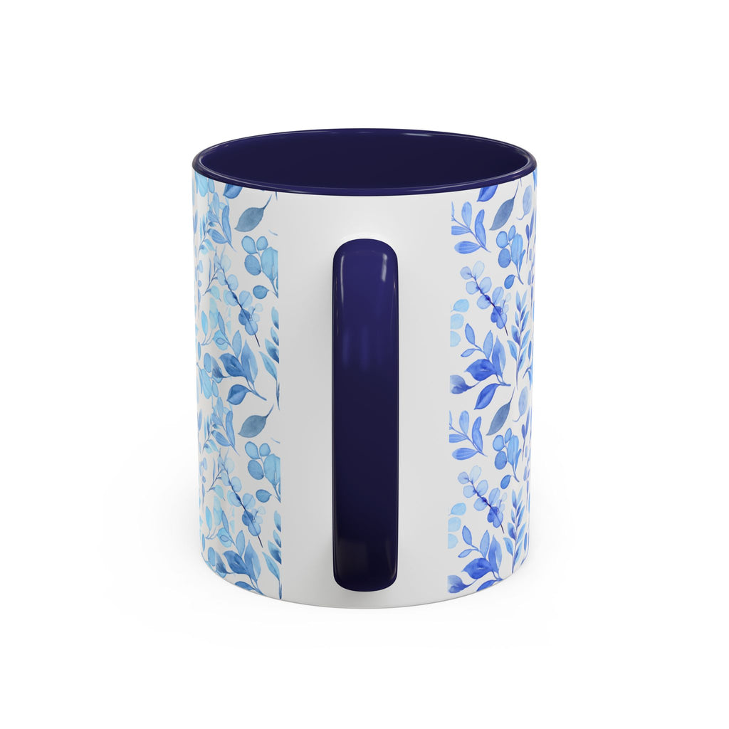 Blue Watercolor Floral Coffee Mug — Accent Handle & Interior