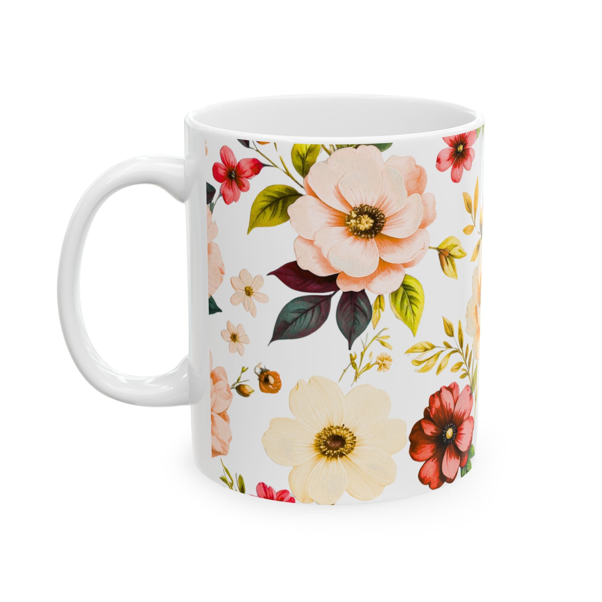 Floral Watercolor Ceramic Mug — Vintage Spring Blossom Coffee Cup (11oz/15oz)