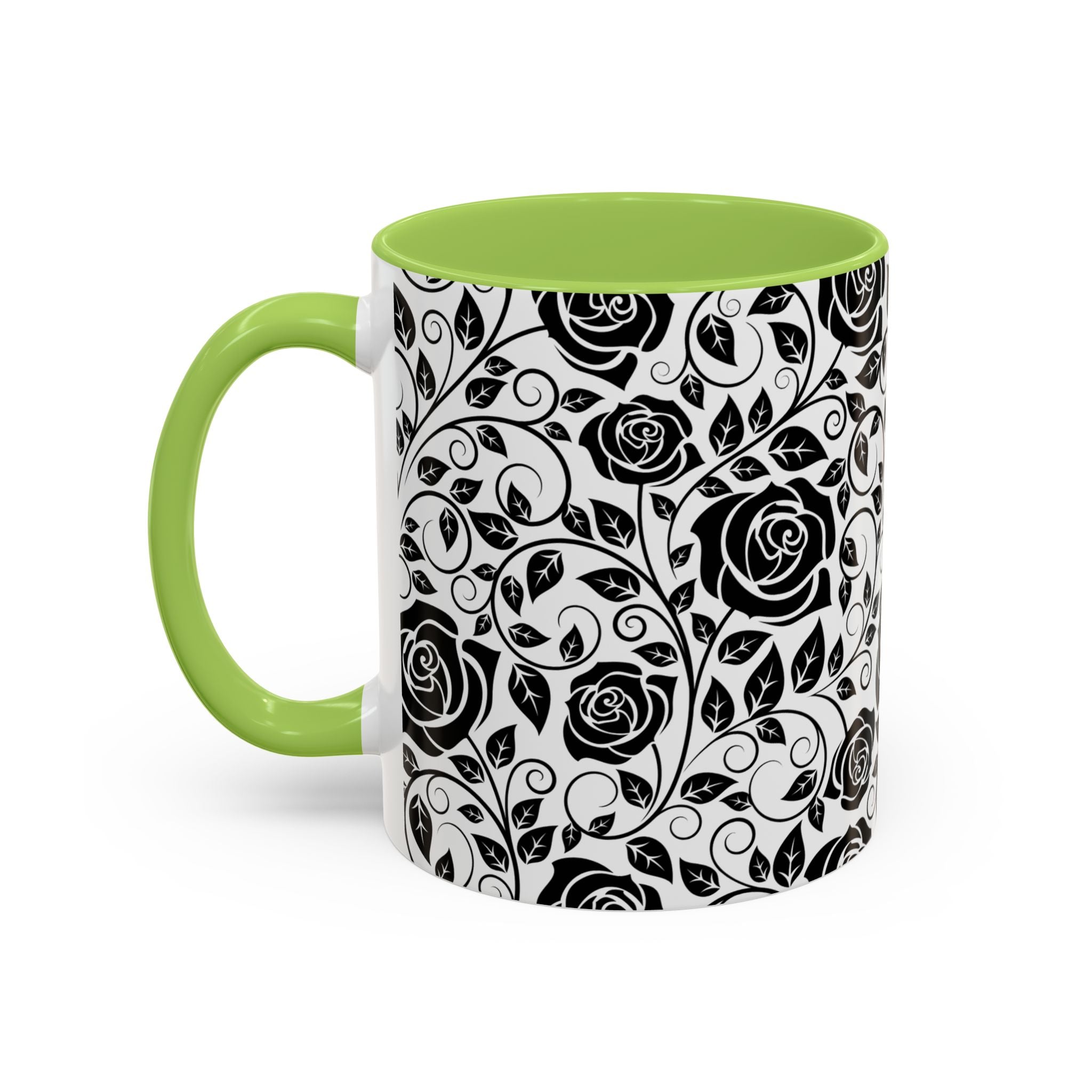 Black Rose Pattern Accent Coffee Mug — 11/15oz Ceramic Gift