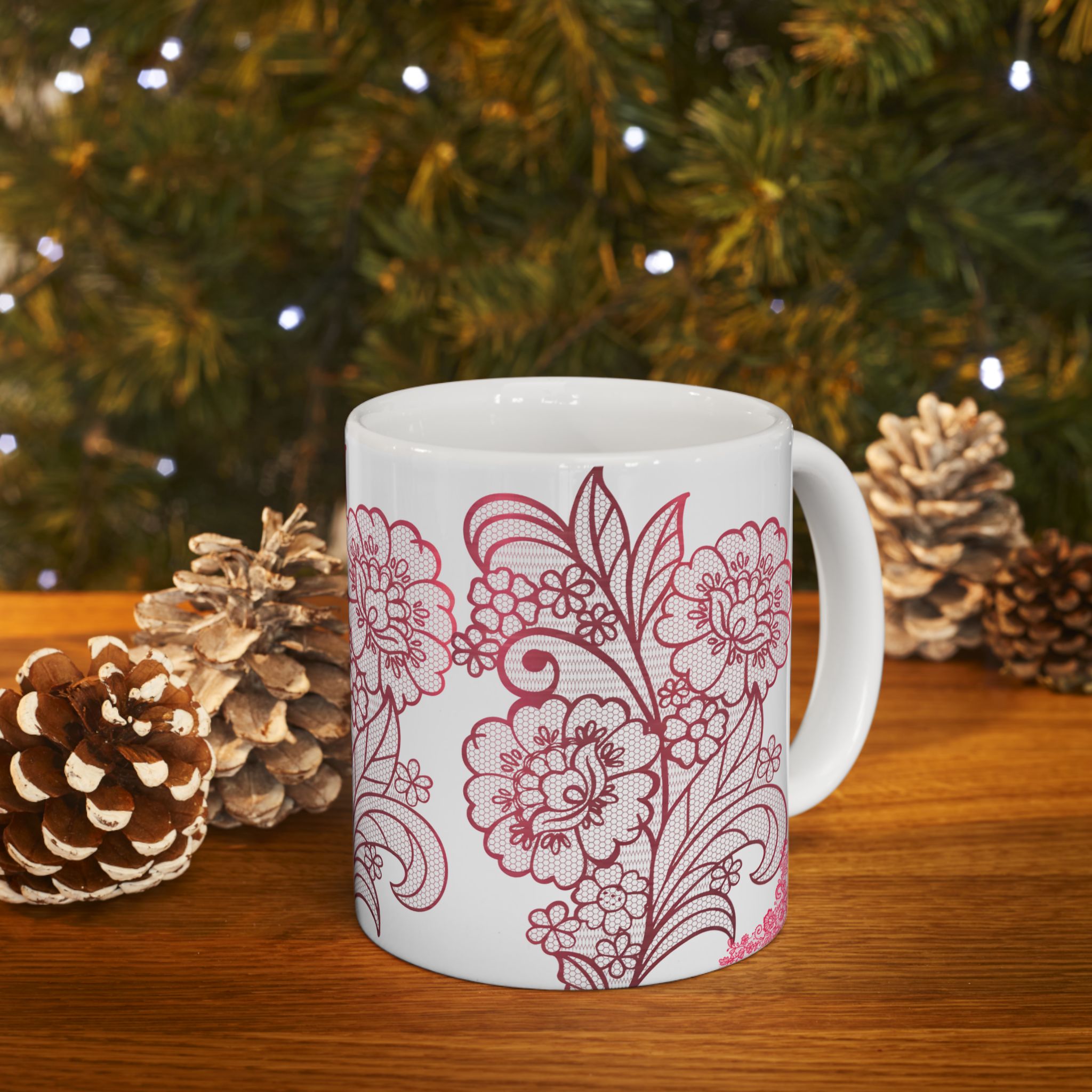 Floral Lace Red Ceramic Mug — Vintage Rose Pattern Coffee Cup (11oz & 15oz)