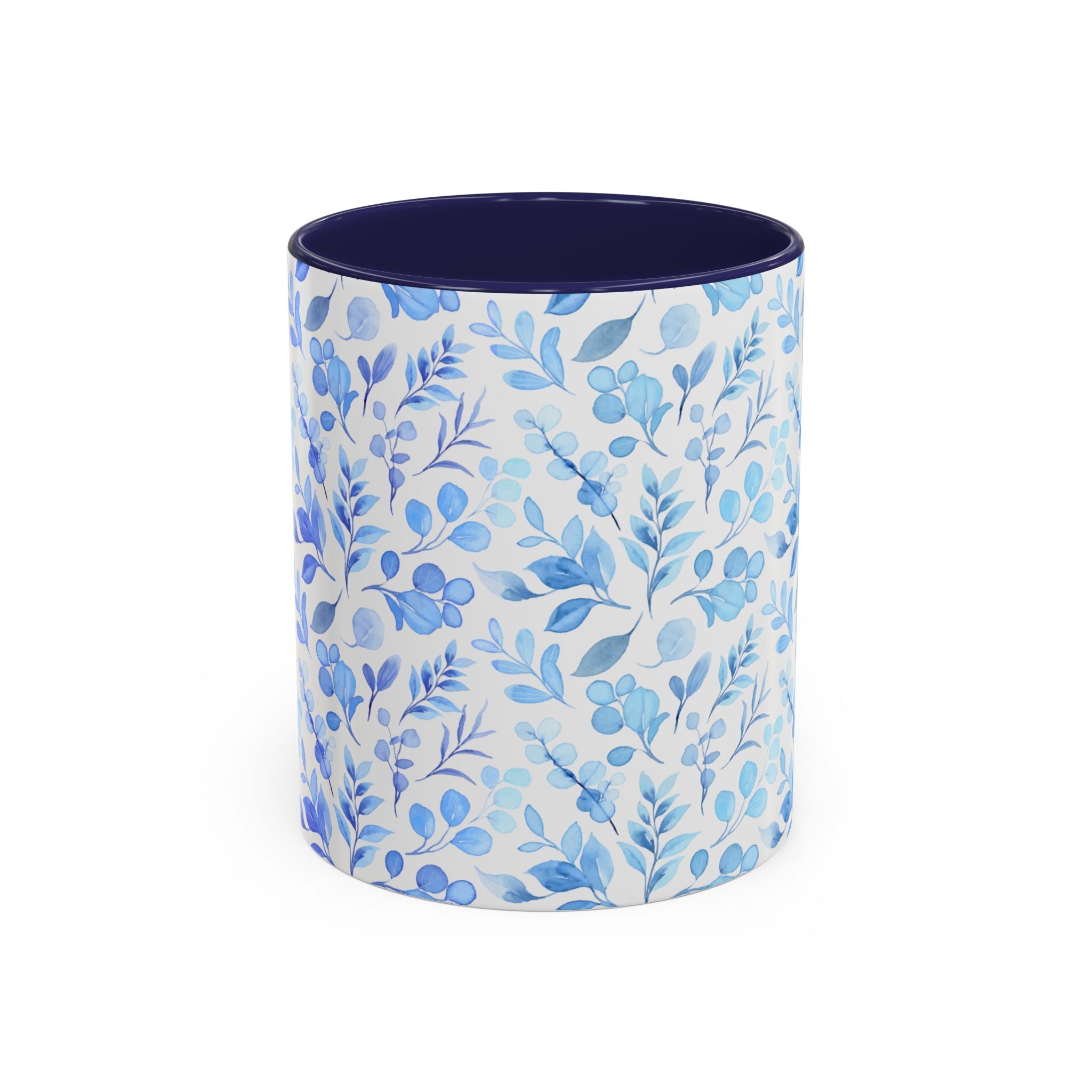 Blue Watercolor Floral Coffee Mug — Accent Handle & Interior