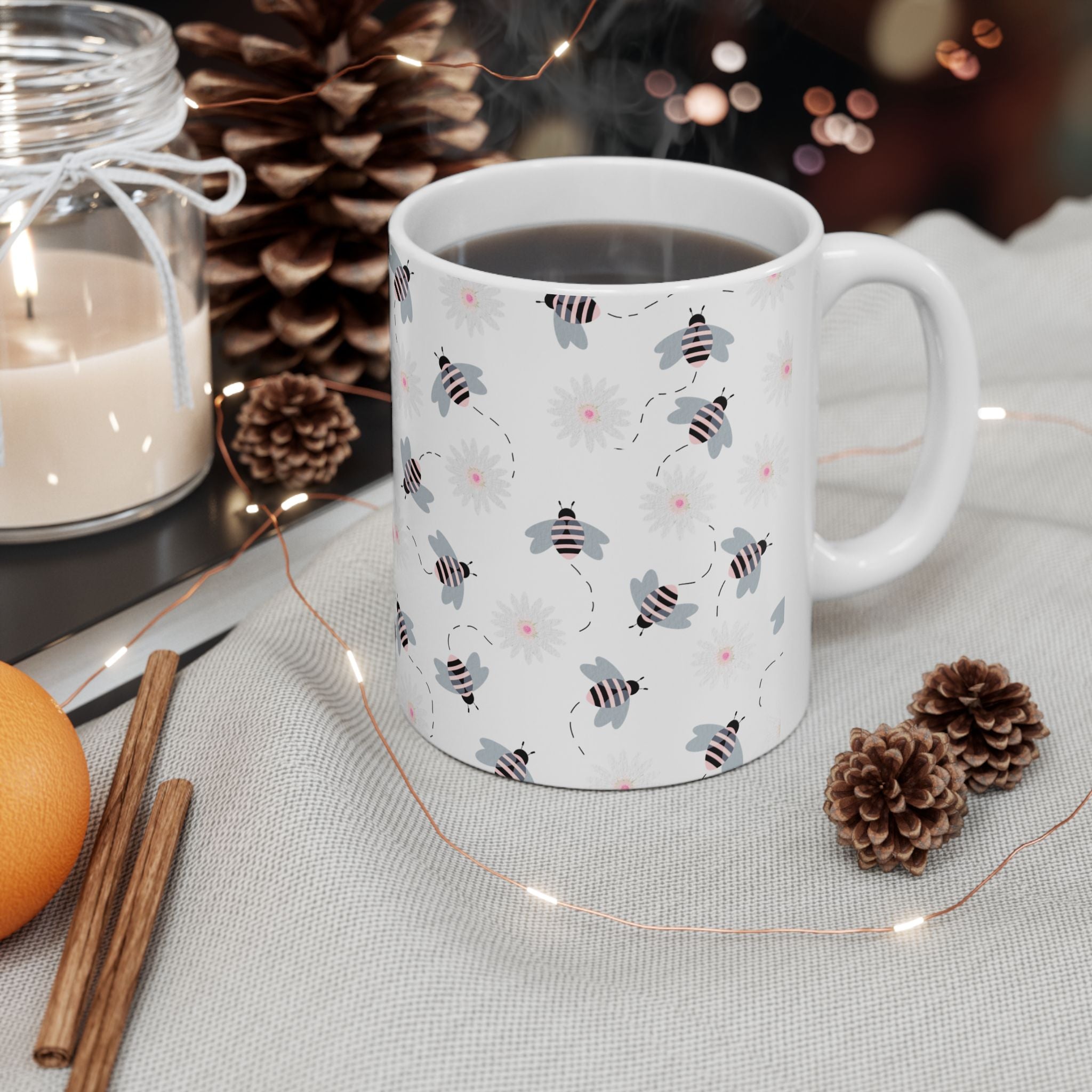 Bee Pattern Ceramic Mug — Cute Striped Bees & Pink Flower Dots, 11oz/15oz