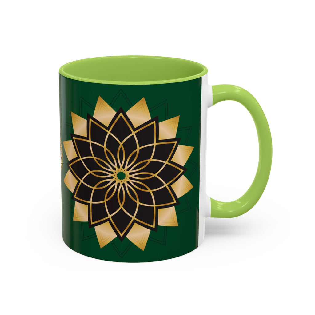 Gold Mandala Accent Coffee Mug — Elegant Green & Black Ceramic 11/15oz