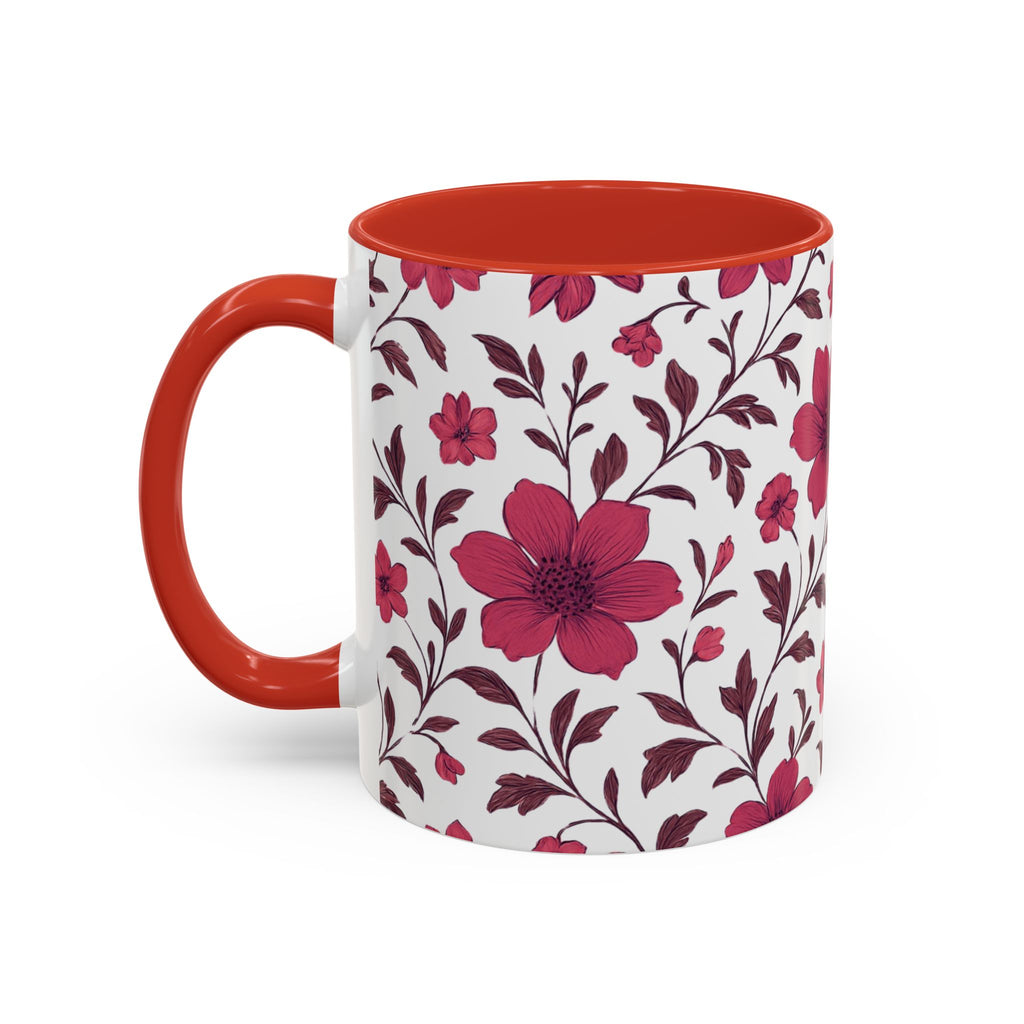 Floral Burgundy Accent Coffee Mug — Pink Blossom Pattern, 11/15oz
