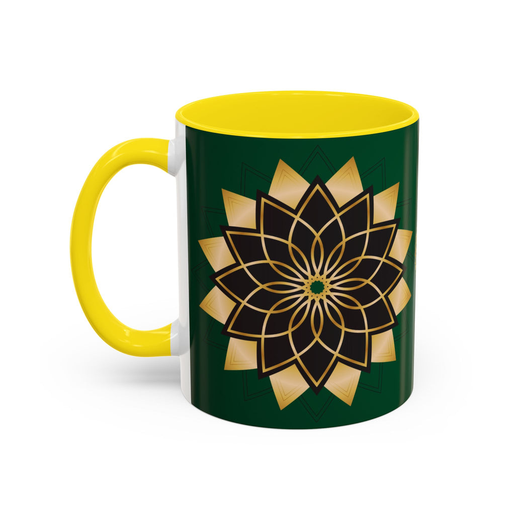 Gold Mandala Accent Coffee Mug — Elegant Green & Black Ceramic 11/15oz