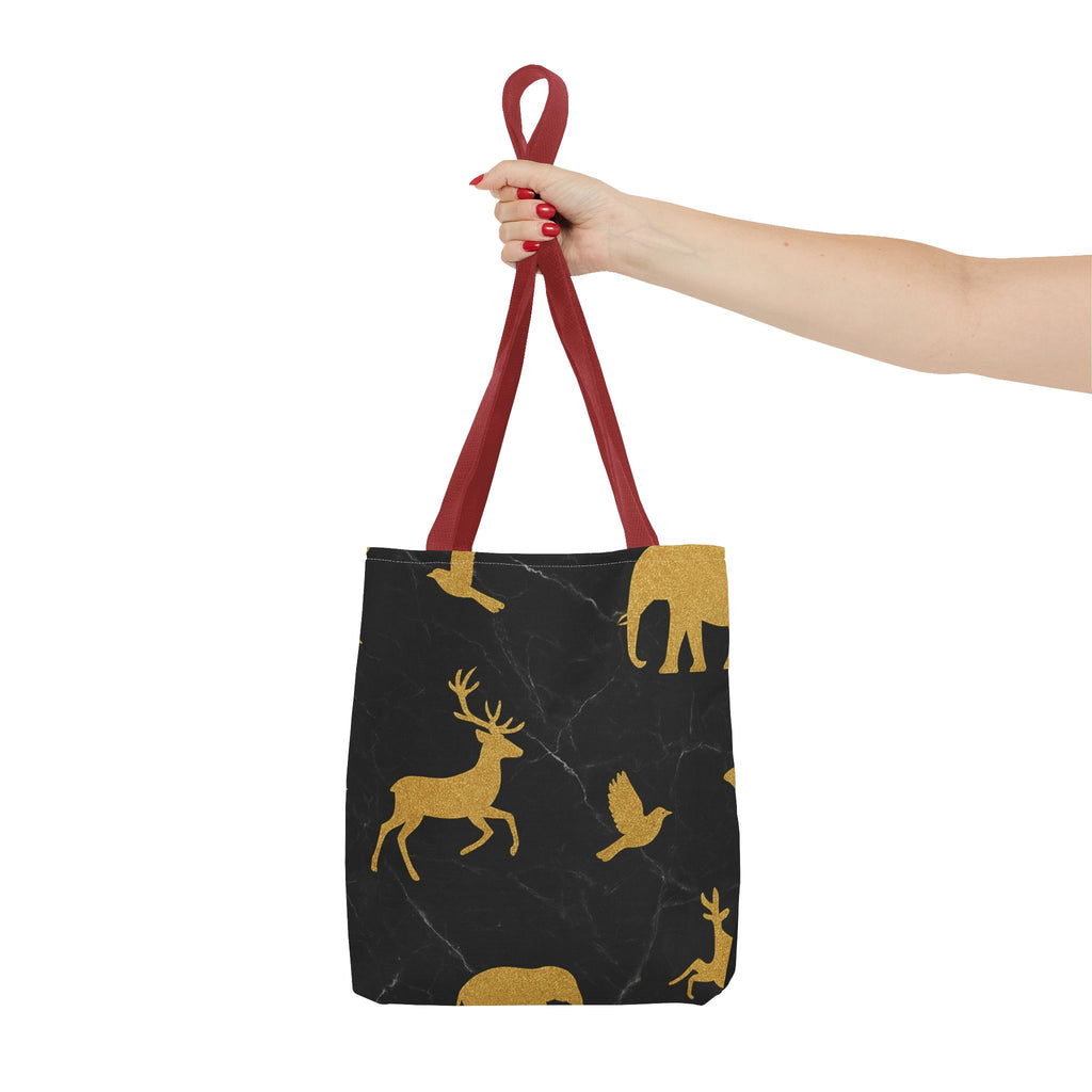 Gold Wildlife Pattern Tote Bag — Black Marble Deer & Elephant All-Over Print