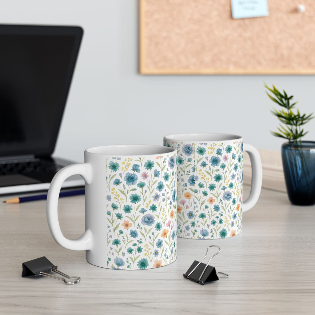 Floral Watercolor Mug – Blue & Pastel Wildflower Ceramic Coffee Cup (11oz/15oz)