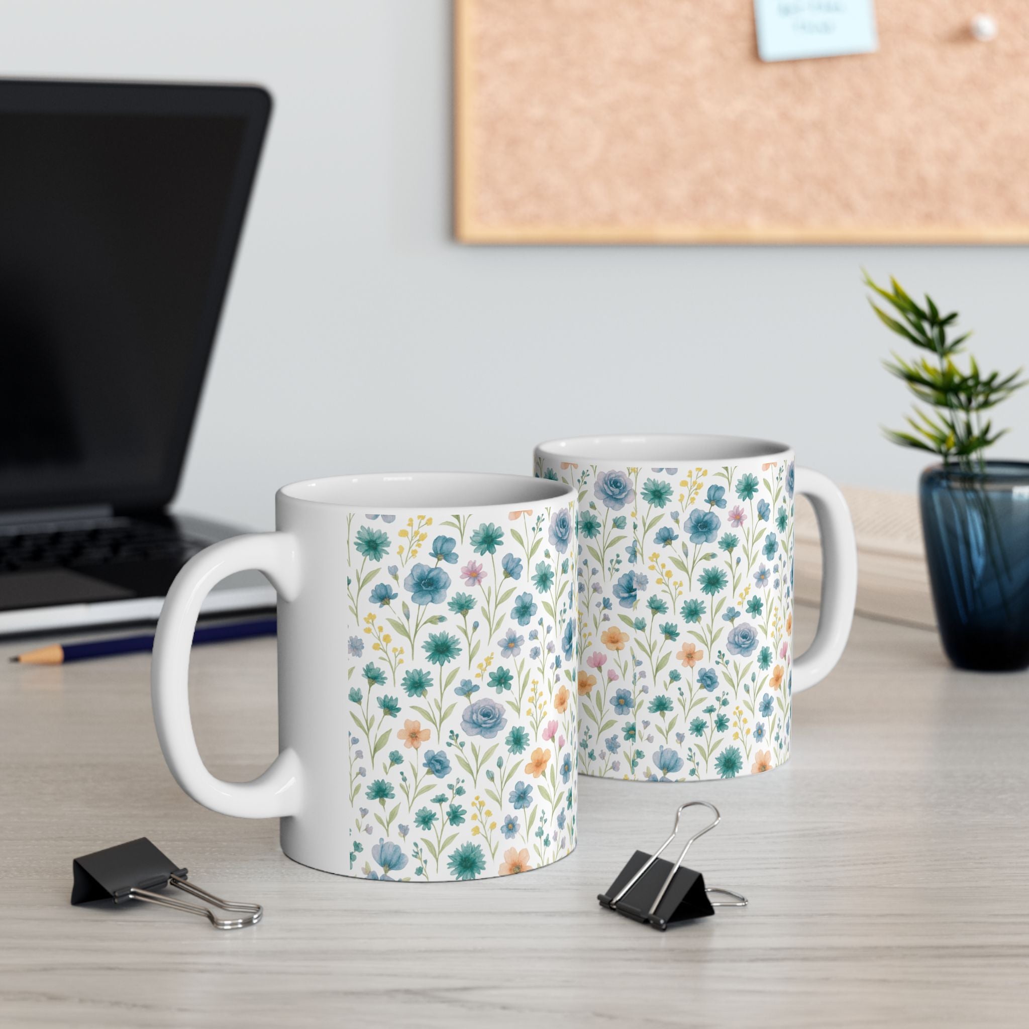 Floral Watercolor Mug – Blue & Pastel Wildflower Ceramic Coffee Cup (11oz/15oz)