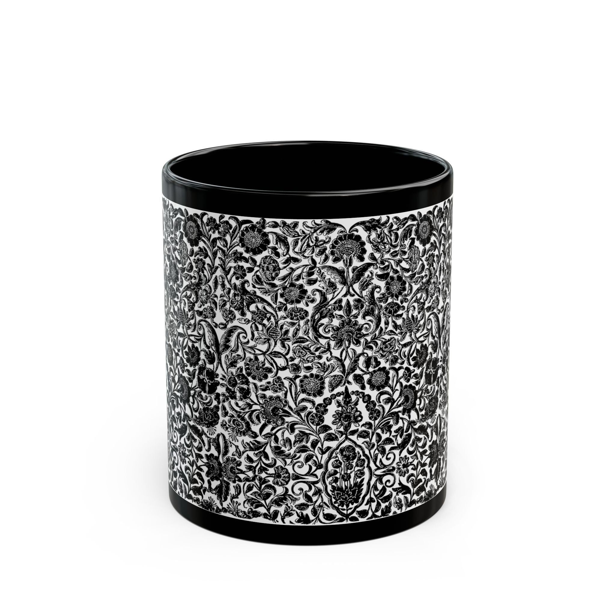Black Ceramic Mug - Intricate Black & White Floral Pattern