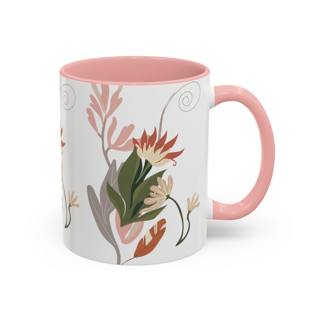 Floral Accent Coffee Mug – Botanical Pink & Green Pattern (11/15oz)