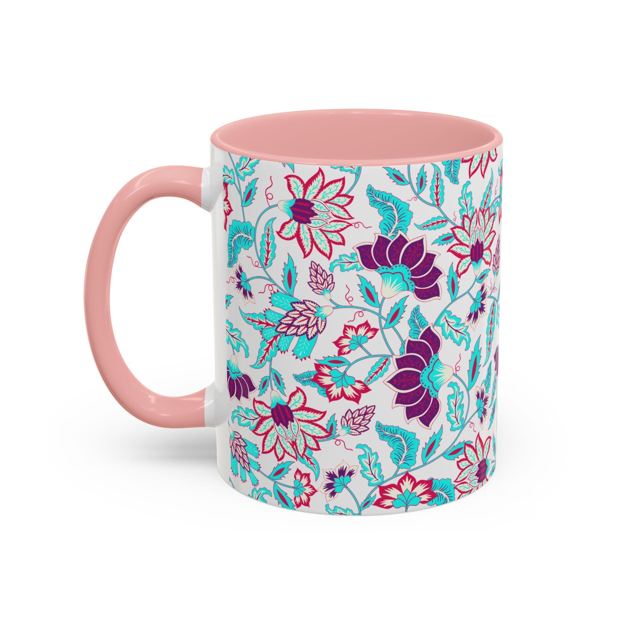 Floral Accent Coffee Mug – Teal & Magenta Patterned Ceramic Mug (11/15oz)