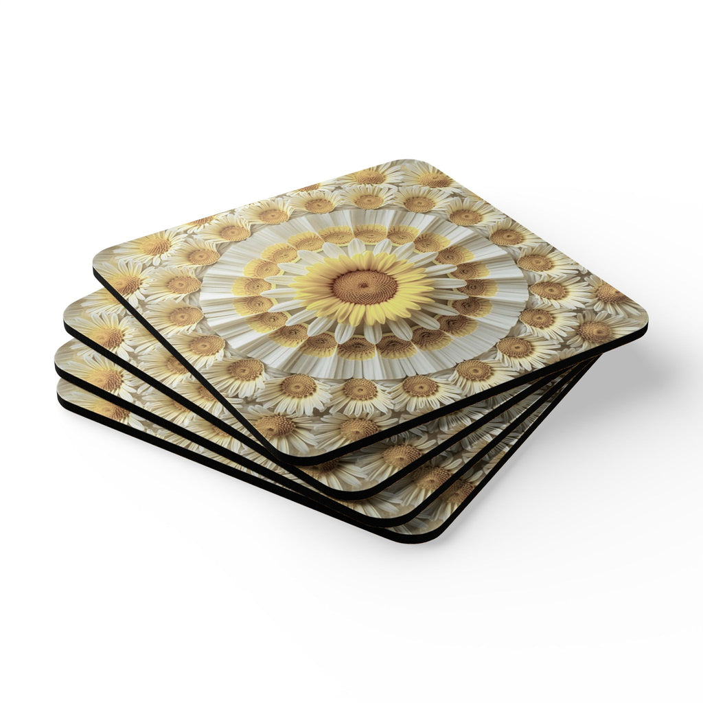Sunflower Mandala Cork Coasters — Set of 4 Decorative Drink Coasters