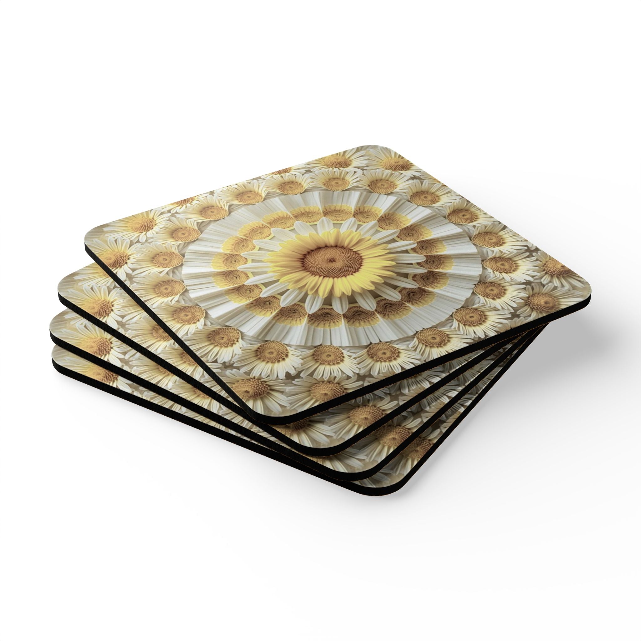 Sunflower Mandala Cork Coasters — Set of 4 Decorative Drink Coasters