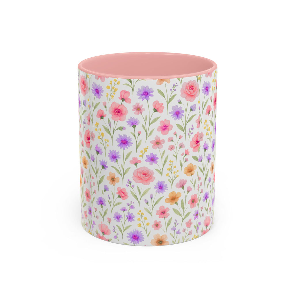 Floral Watercolor Accent Coffee Mug — Pastel Wildflower Pattern (11/15 oz)