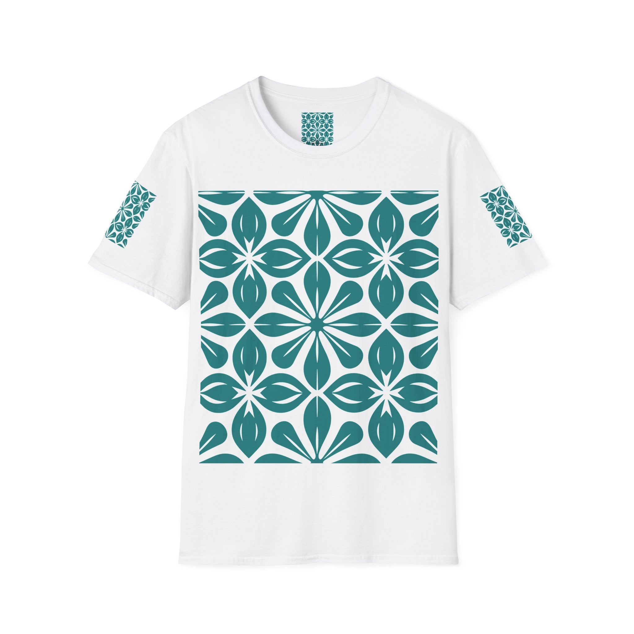 Teal Tile Pattern T‑Shirt — Retro Geometric Floral Graphic Tee