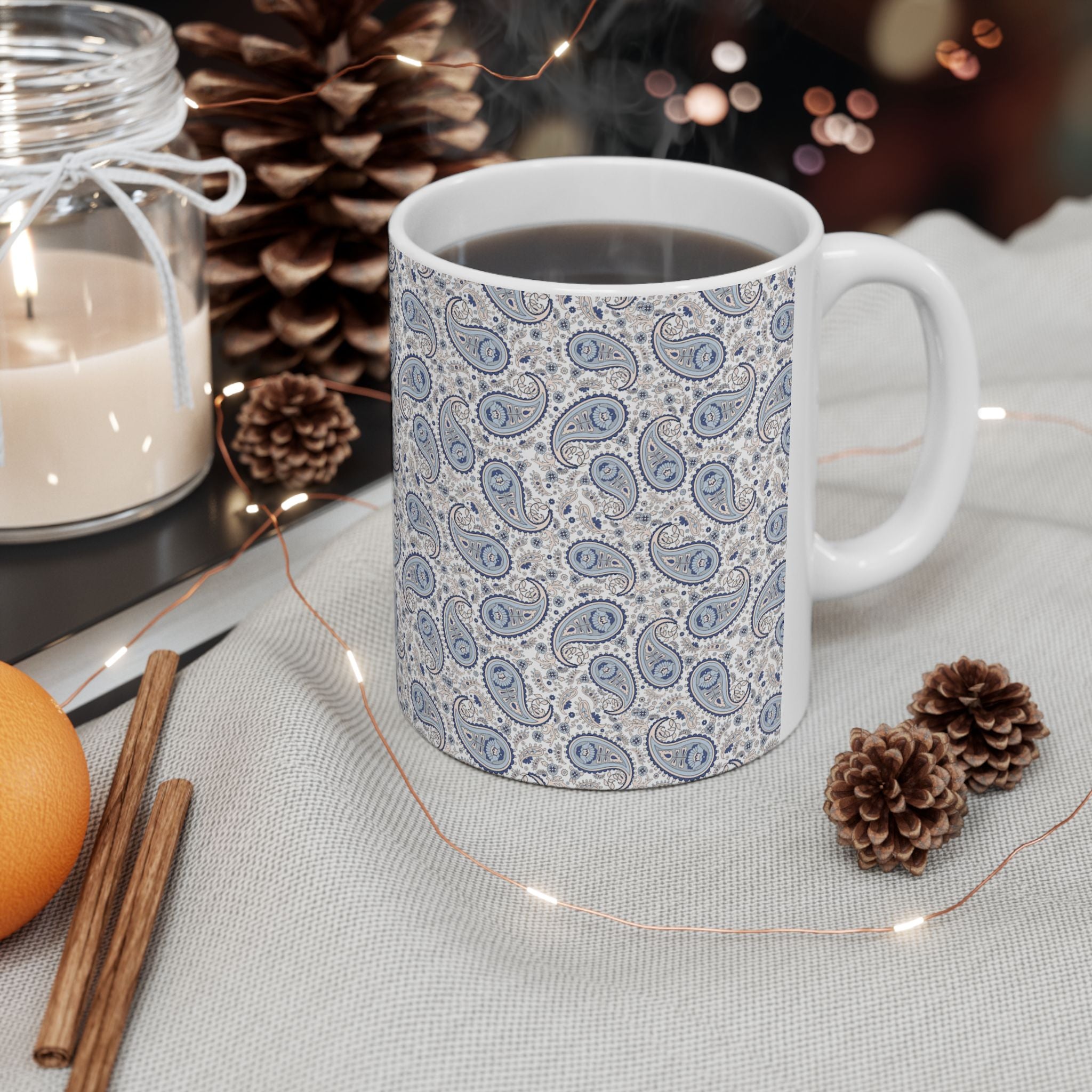 Blue Paisley Ceramic Mug — Vintage Boho Pattern Coffee Cup (11oz, 15oz)