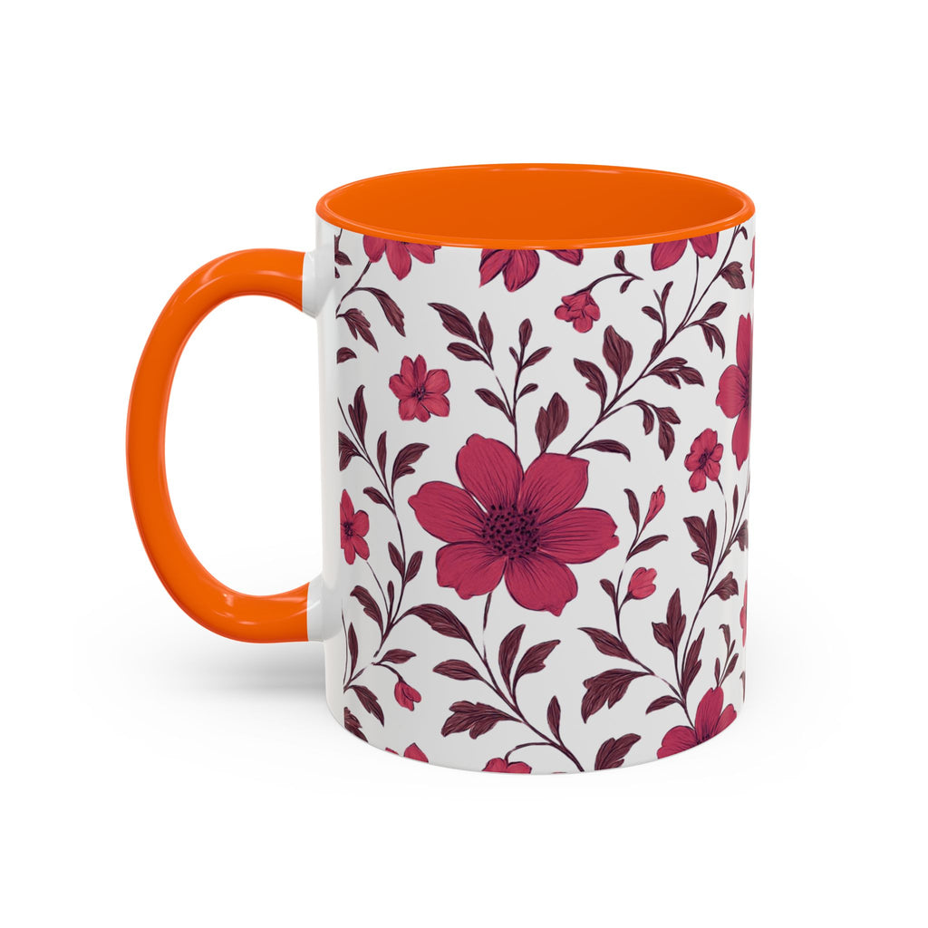 Floral Burgundy Accent Coffee Mug — Pink Blossom Pattern, 11/15oz