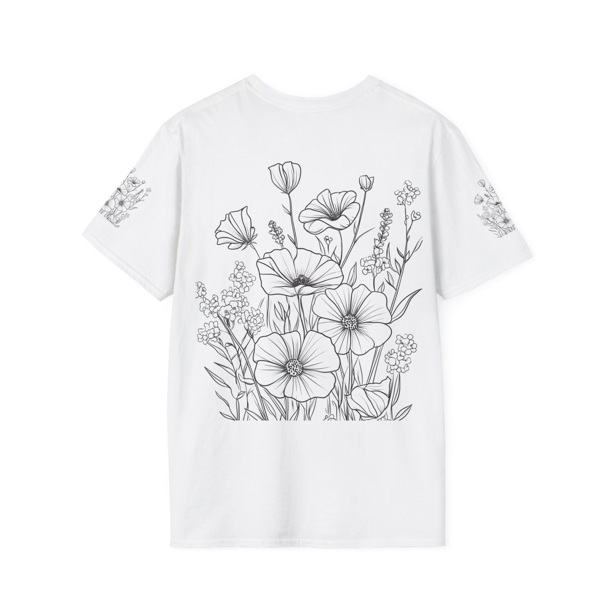 Floral Outline Tee — Black Line Poppy & Wildflower Graphic T-Shirt
