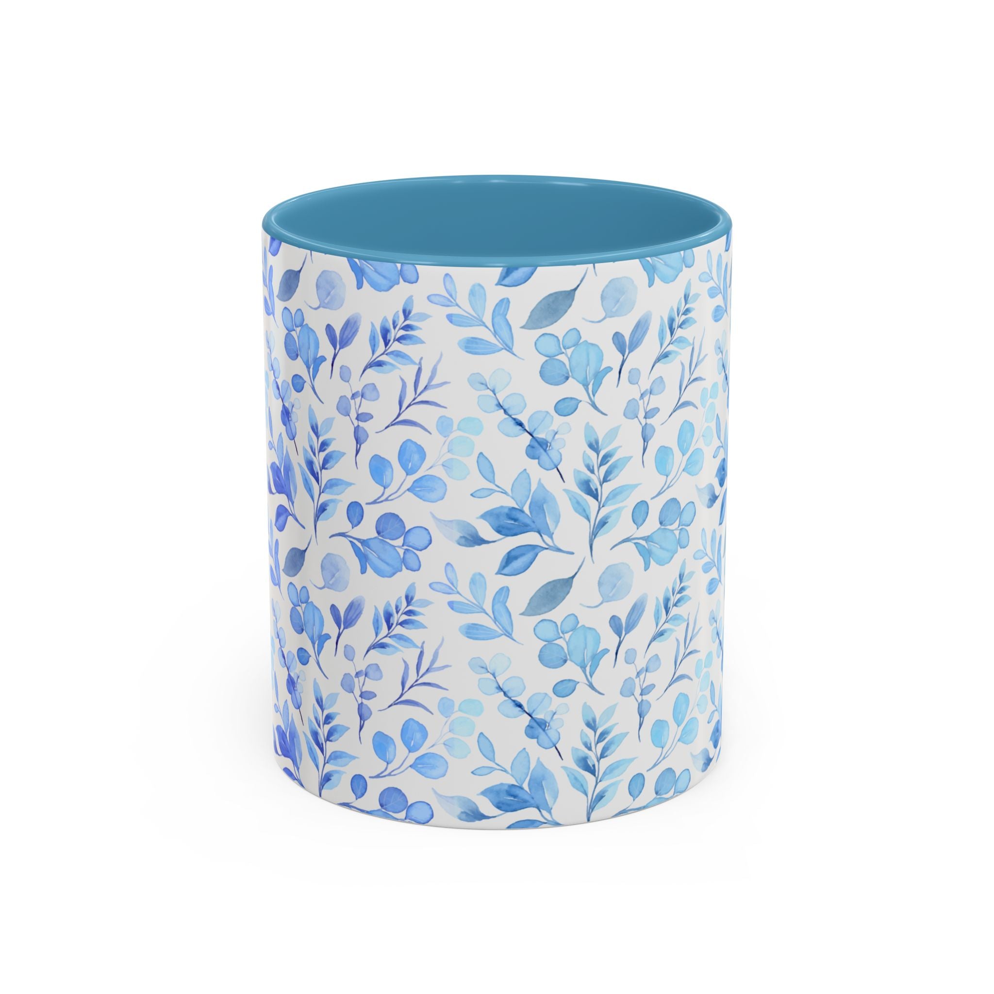 Blue Watercolor Floral Coffee Mug — Accent Handle & Interior
